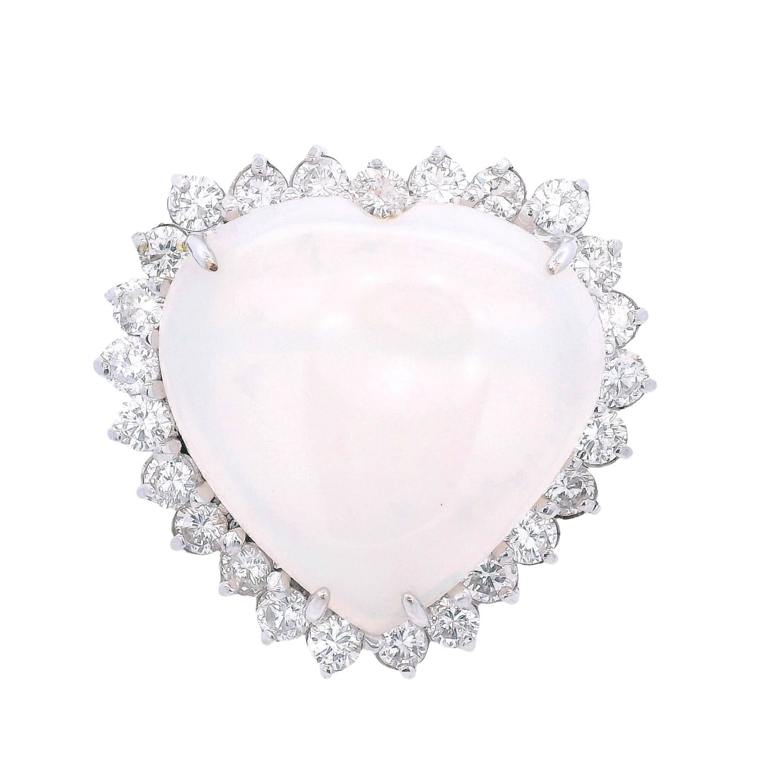 18K White Gold Heart Cocktail Ring with 11.50 CTW in Opal & Diamond: 18K white gold heart cocktail ring showcasing a luminous heart-shaped cabochon opal weighing approximately 10.00 carats, encircled by 25 sparkling diamonds totaling approximately 1.50 carats (G–H co