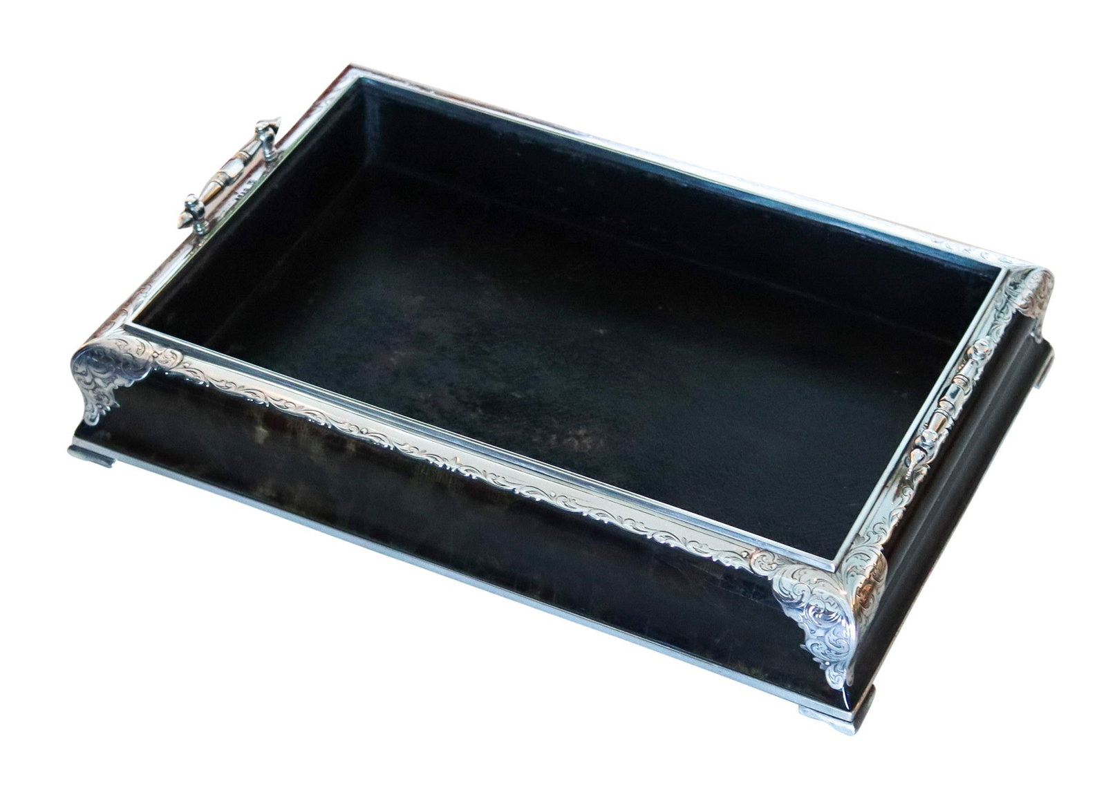 ASPREY London 1874 Elegant Desk Tray In Wood And .925 Sterling Silver: London, England, Victorian period (1876). Rare multi-material desk tray by Charles Asprey & Charles Asprey Jr. for Asprey, combining carved tortoiseshell, wood, leather lining, and polished/engraved .
