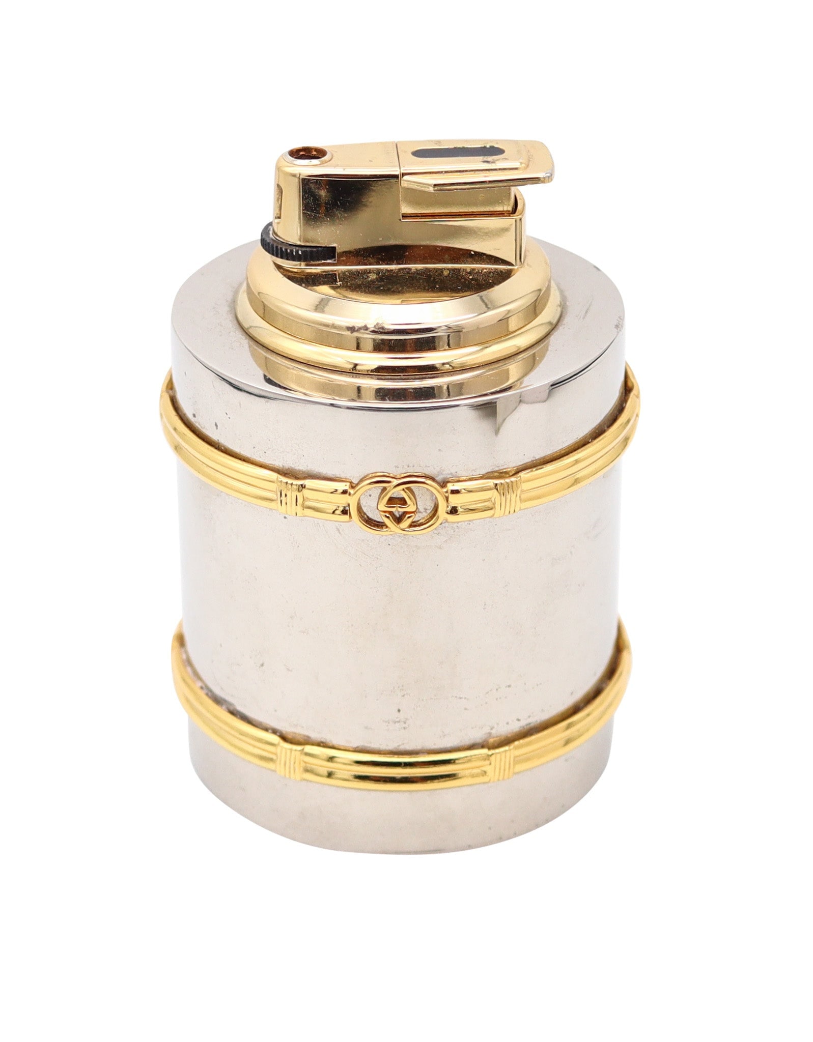 GUCCI 1980 Milano Desk Butane Lighter In Chromed Steel And Gold Accents (1 of 10)
