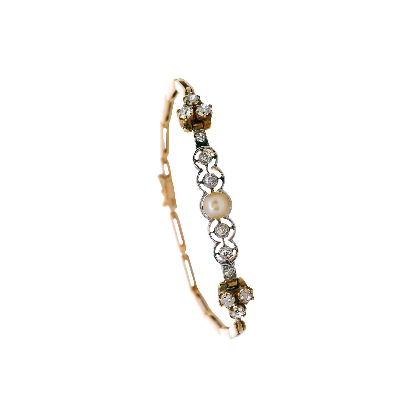 18K Yellow Gold & Platinum Bracelet with 0.85 CTW in Diamond, and Pearl: Nice antique Bracelet crafted in 18kt yellow Gold, accenter with one center cream pearl about 5 mm diameter. Accenter with Old mine Diamonds weighing together Approx.0.85 carats. Graded colorless, SI-