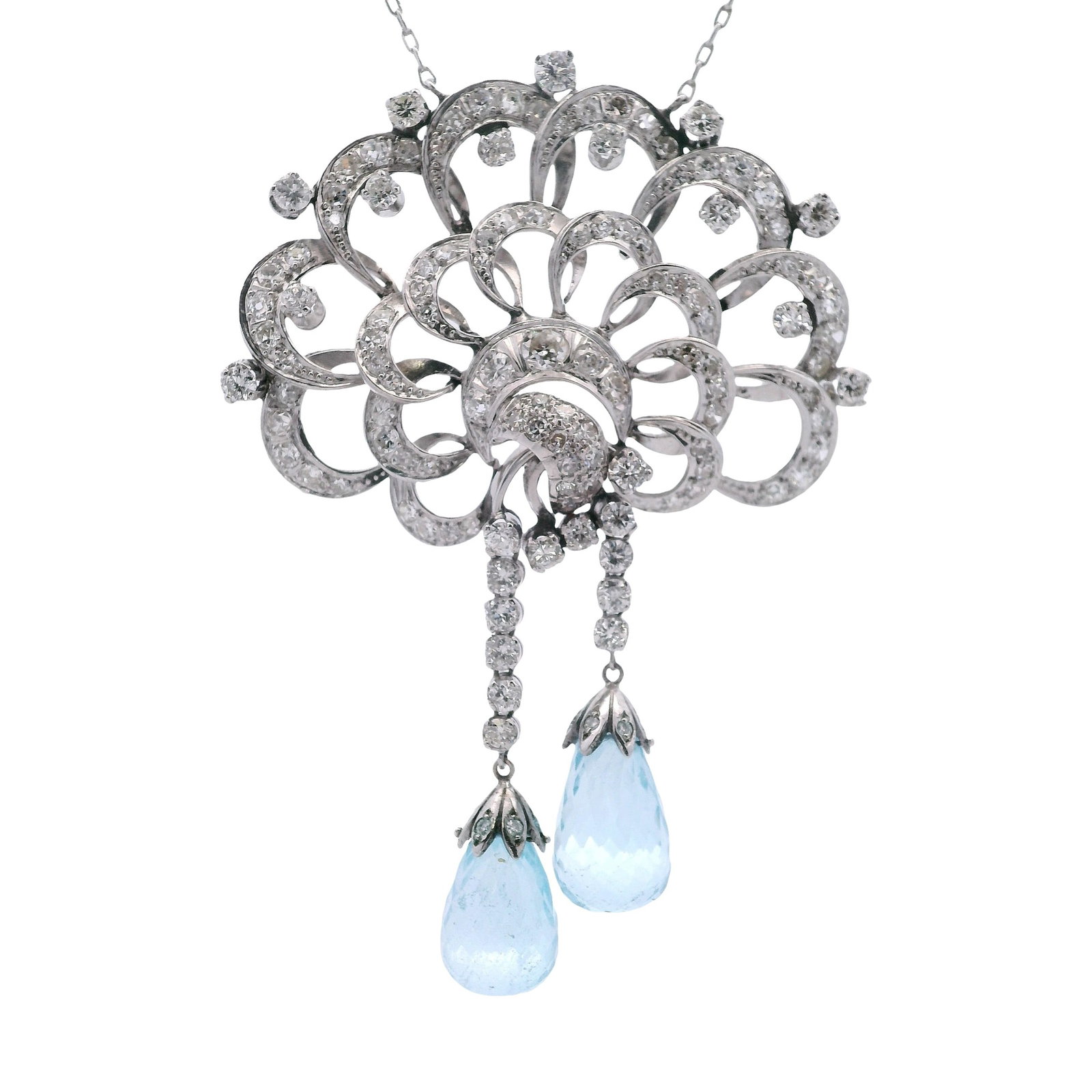 Platinum Necklace with 24.70 CTW in Aquamarine & Diamond: Retro Platinum Aquamarine & Diamond Necklace, weighing 25.6 grams, featuring two Brazilian aquamarines totaling approx. 20.00 cts in briolette drops that deliver luminous blue color and elegant moveme