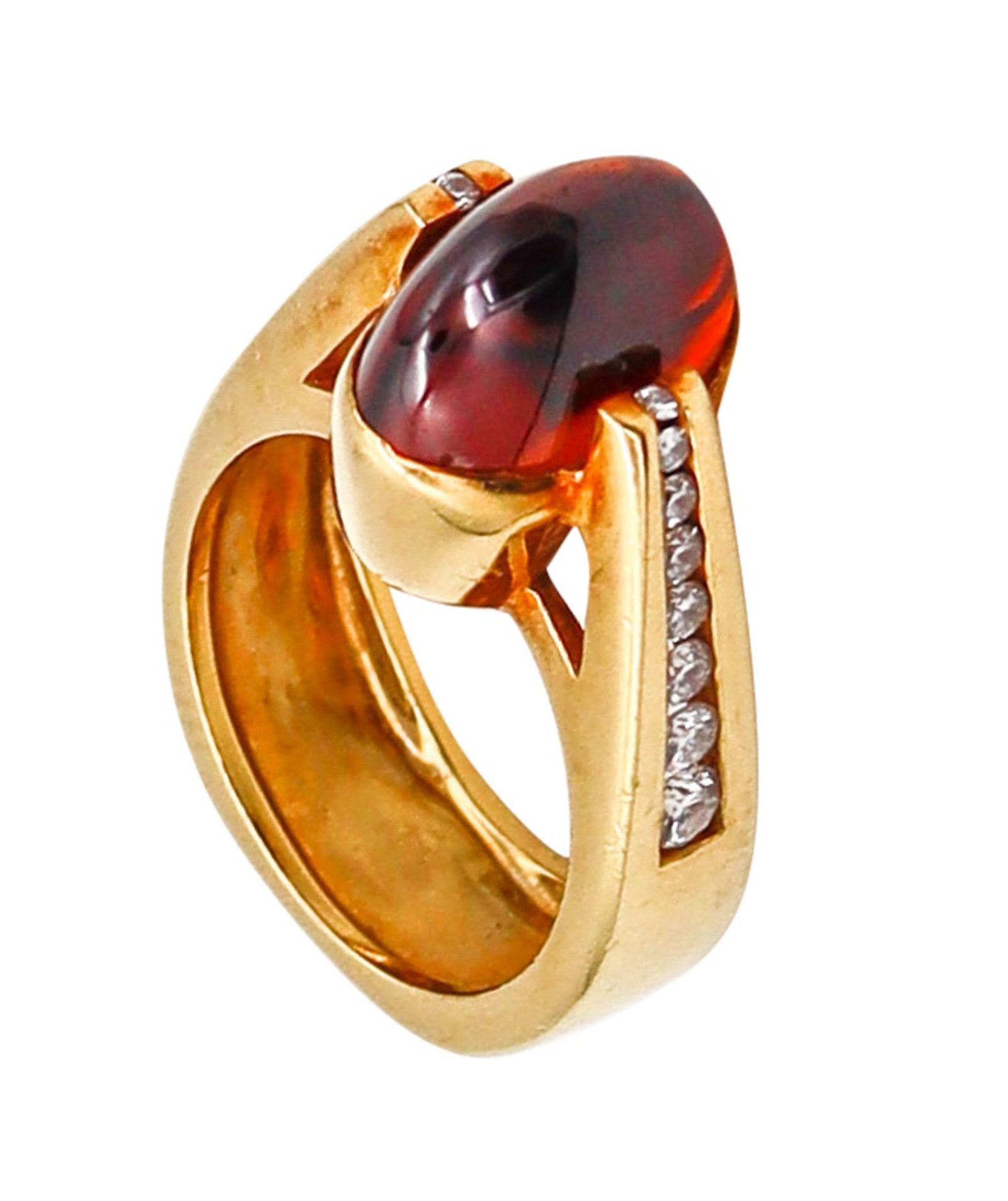 Designer Cocktail Ring In 18Kt Gold With 5.45 Ctw In Diamonds And Madeira Citrine: Designer cocktail ring crafted in high-polish 18K yellow gold with a bold geometric, architectural profile, set with a vivid Madeira citrine from the Santa Ana mines and accenter by channel-set diamon