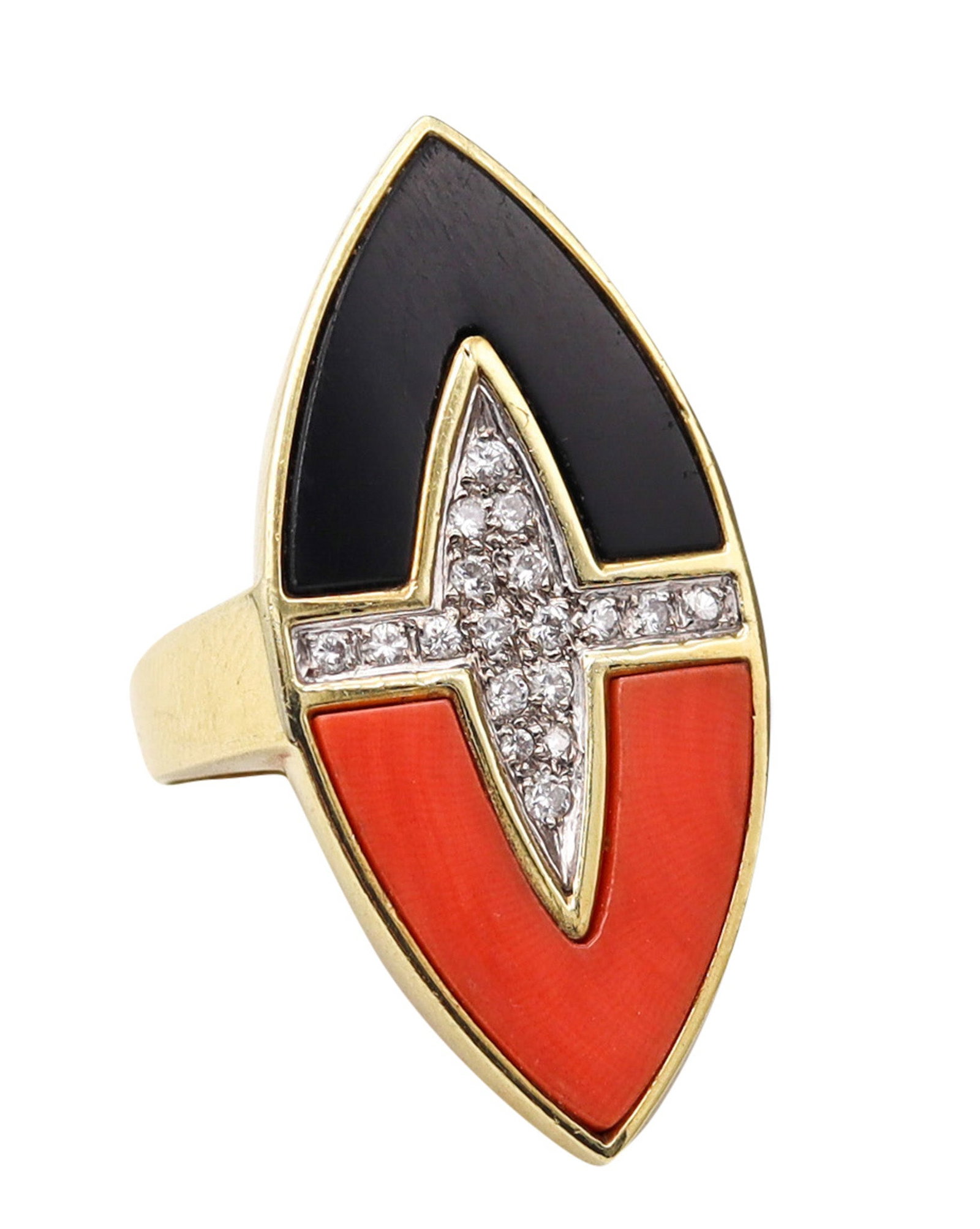 Retro Modern 1970 Sculptural Geometric Ring In 18Kt Gold With Diamonds Coral And Onyx (1 of 8)