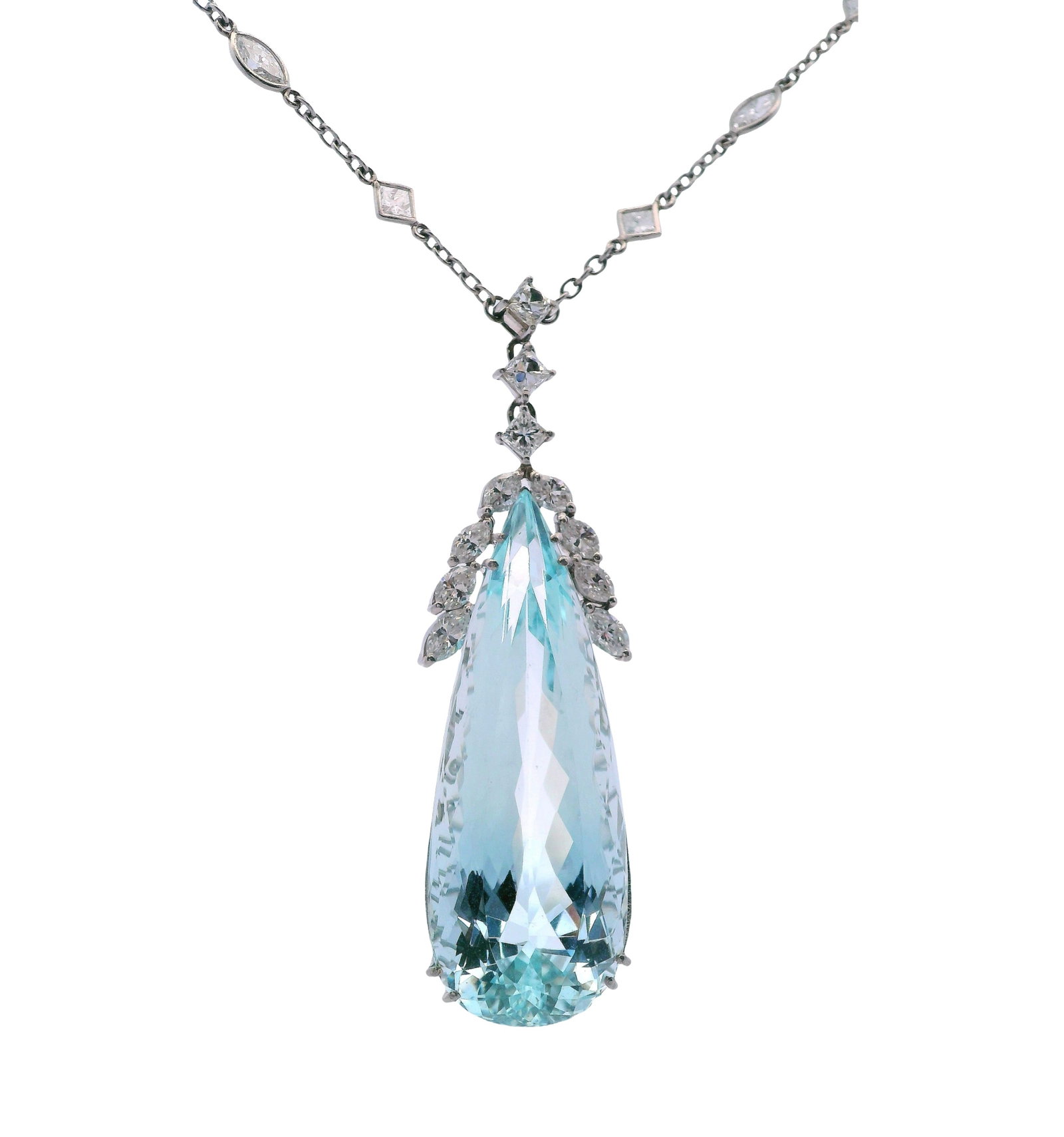 18K White Gold Necklace with 36.30 CTW in Aquamarine & Diamond: 18K white gold aquamarine & diamond necklace, weighing 17.7 grams, featuring a spectacular pear-shaped Brazilian aquamarine totaling approx. 33.70 cts for luminous, ocean-blue color and dramatic prese