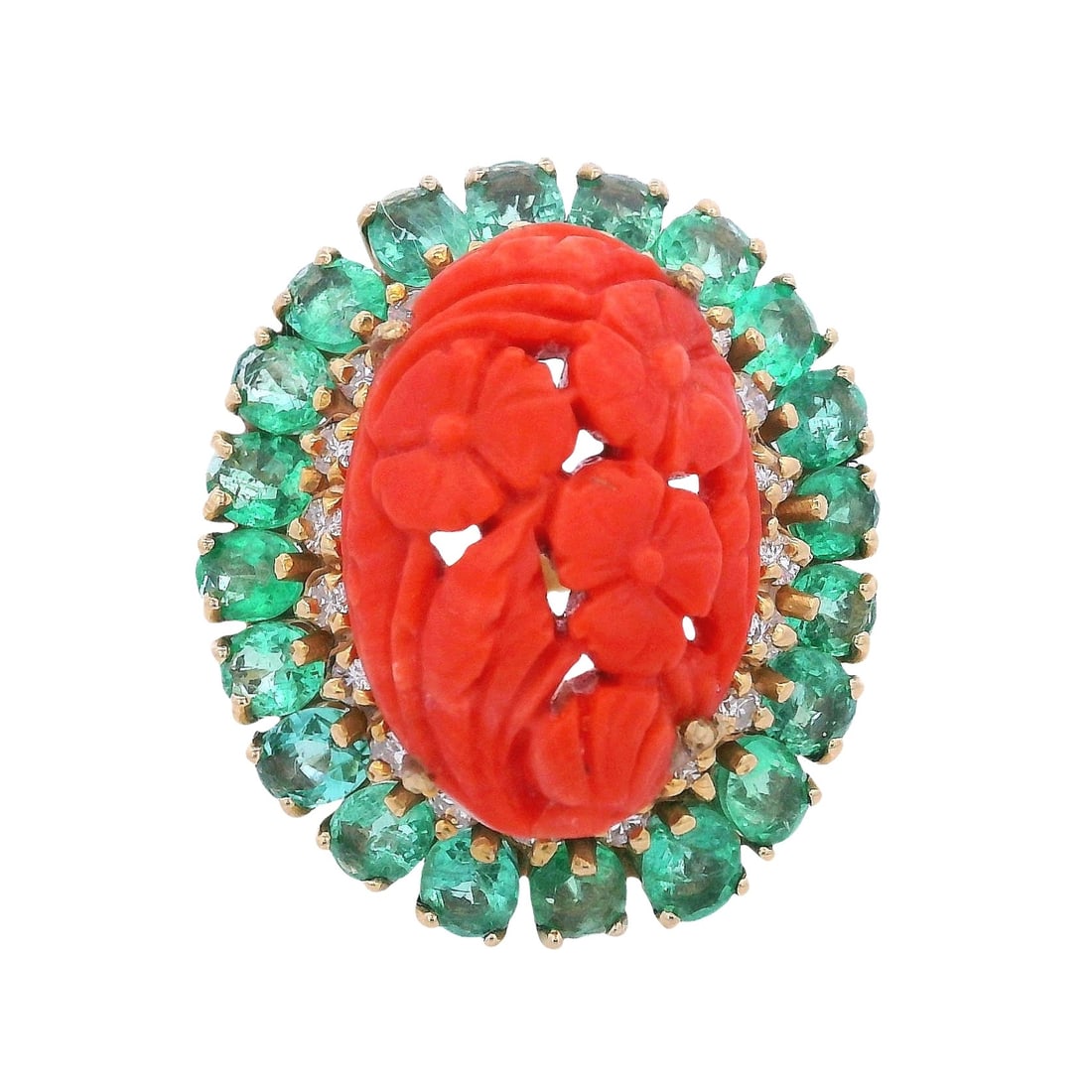 18K Yellow Gold Ring with 7.60 CTW in Emerald & Diamond: 18K yellow gold ring centered by a beautifully carved coral cameo-style motif, framed by a sparkling diamond surround totaling approximately 0.50 carats (graded colorless) and finished with a vivid ha