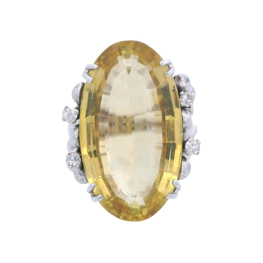 14K White Gold Cocktail Ring with 15.10 CTW in Yellow Beryl & Diamond: 14K white gold cocktail ring featuring an antique yellow beryl centerpiece weighing approximately 15.00 carats, elegantly accenter by four diamonds totaling approximately 0.10 carats (H color) for a r