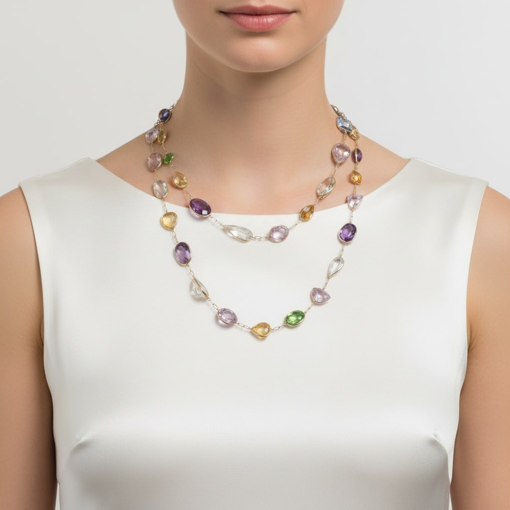18K Yellow Gold Necklace with 195 Carats of Multicolor Semi-Precious Gemstones: Striking 18K yellow gold necklace showcasing an impressive approx. 195 carats of vibrant multicolor semi-precious gemstones, including amethyst, citrine, aquamarine, Peridots and topaz. A generous 40-