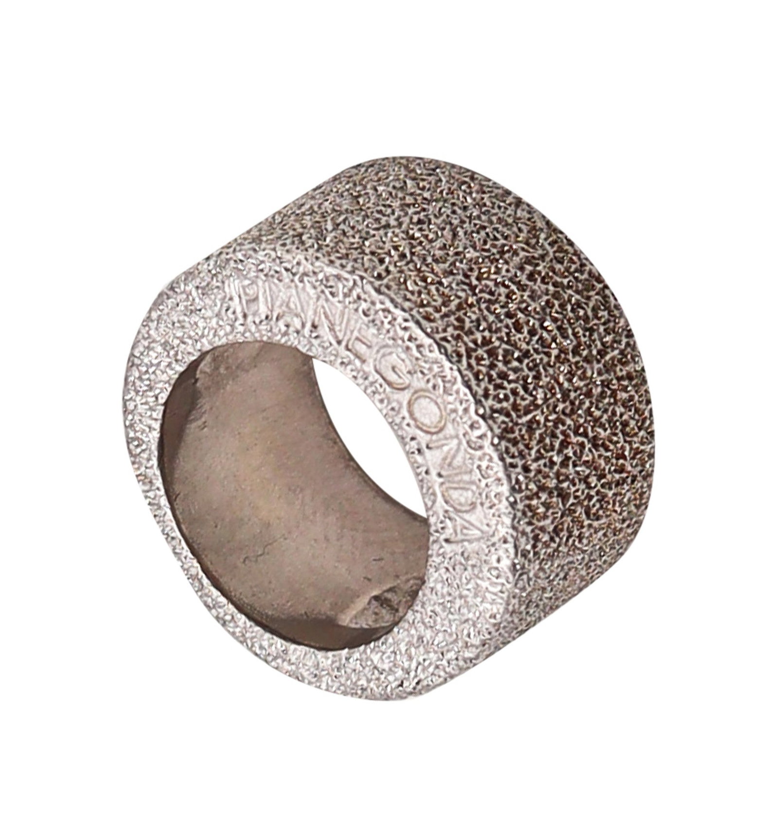 Pianegonda Sculptural Band Ring In Solid Textured .925 Sterling Silver: An unusual modernist band ring, created in Vicenza Italy by the jewelry house of Pianegonta. This ring has been crafted in solid .925/.999 sterling silver with textured finish. Weight: 21.98 Grams, (1