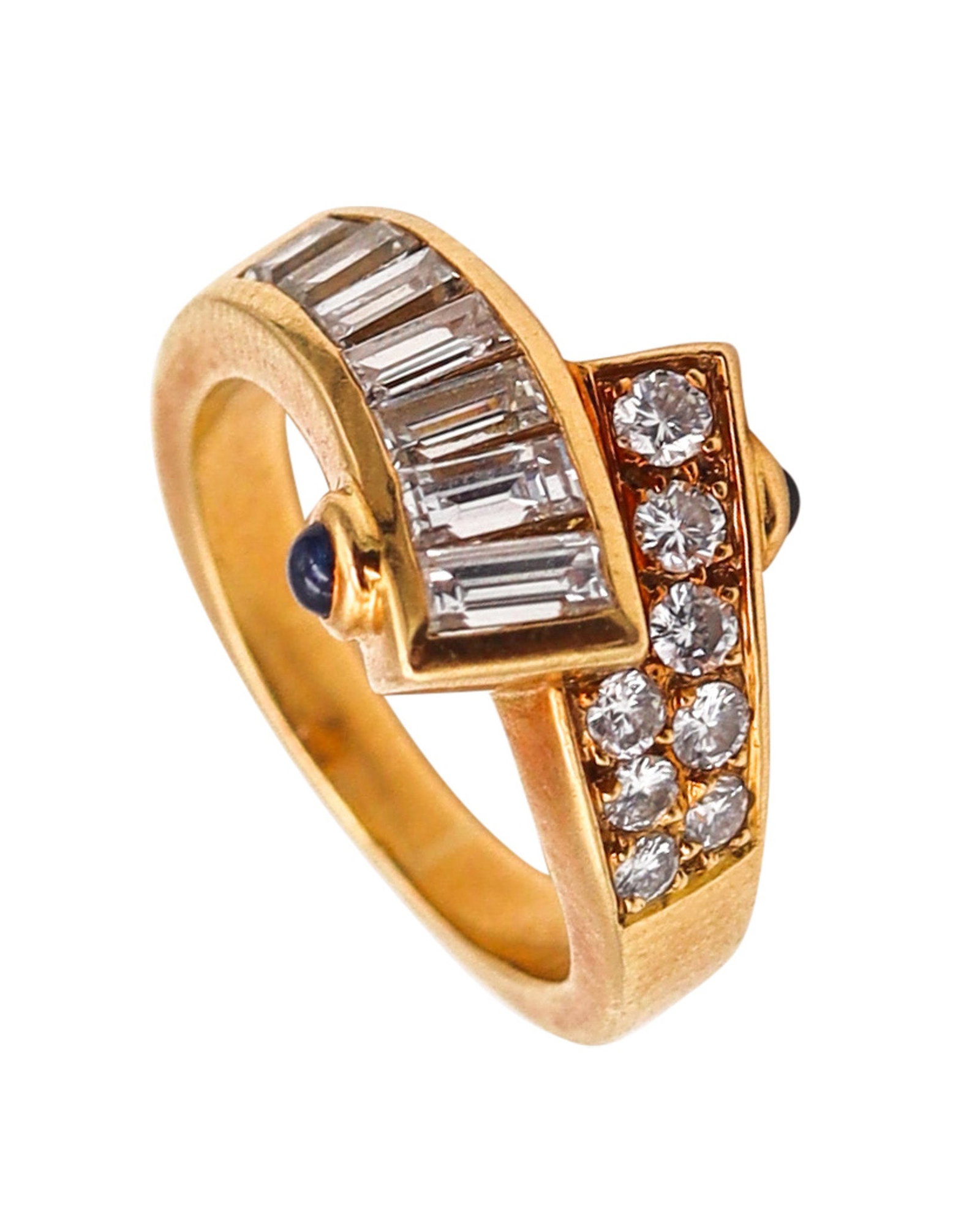 MAUBOUSSIN Paris Sculpted Cocktail Ring In 18Kt Gold With 1.42 Ctw Diamonds: Paris, France, late 1970s. Vintage cocktail ring by Mauboussin, crafted in high-polish 18K yellow gold and set with a refined mix of diamonds and sapphire accents. Diamonds: 7 graduated straight bague