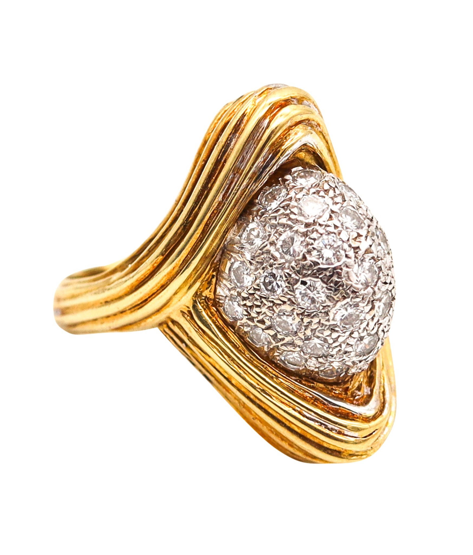 MODERNIST 1970 Cocktail Ring In 18Kt Gold With 1.70 Ctw In Diamonds: Italy, modernist period (c. 1970s). Bold retro-inspired cocktail ring crafted in 18K yellow gold with white gold diamond settings, featuring a domed center pavé-set with diamonds for strong brillianc