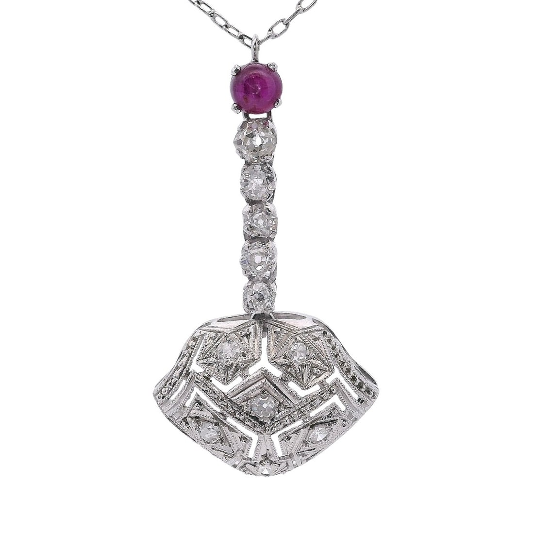 Art Deco Filigree Platinum Pendant Necklace with Diamonds & Ruby: Art Deco Filigree Pendant Necklace crafted from Platinum accenter with Old mine and Single cut Diamonds weighing together Approx. 0.80 carats. H-J color, VS-SI1 clarity. Along with a cabochon Ruby of 
