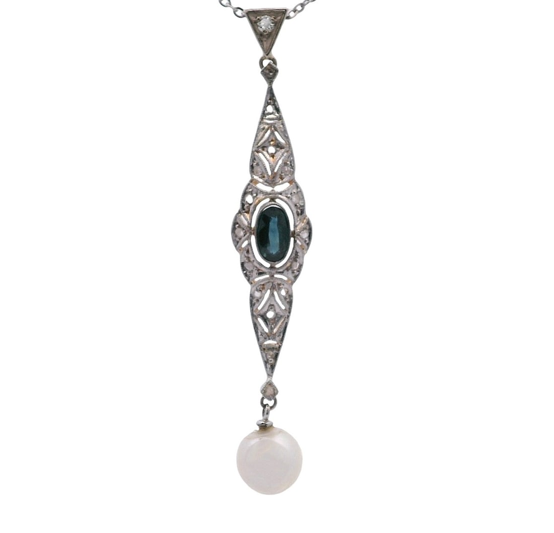 18K Yellow Gold & Platinum Necklace with Sapphire & Diamond, and Natural Pearl: 18K yellow gold & platinum Art Deco filigree pendant necklace, weighing 5.0 grams, featuring a center oval blue sapphire totaling approx. 0.80 ct, framed by rose-cut diamonds for soft, antique-style s
