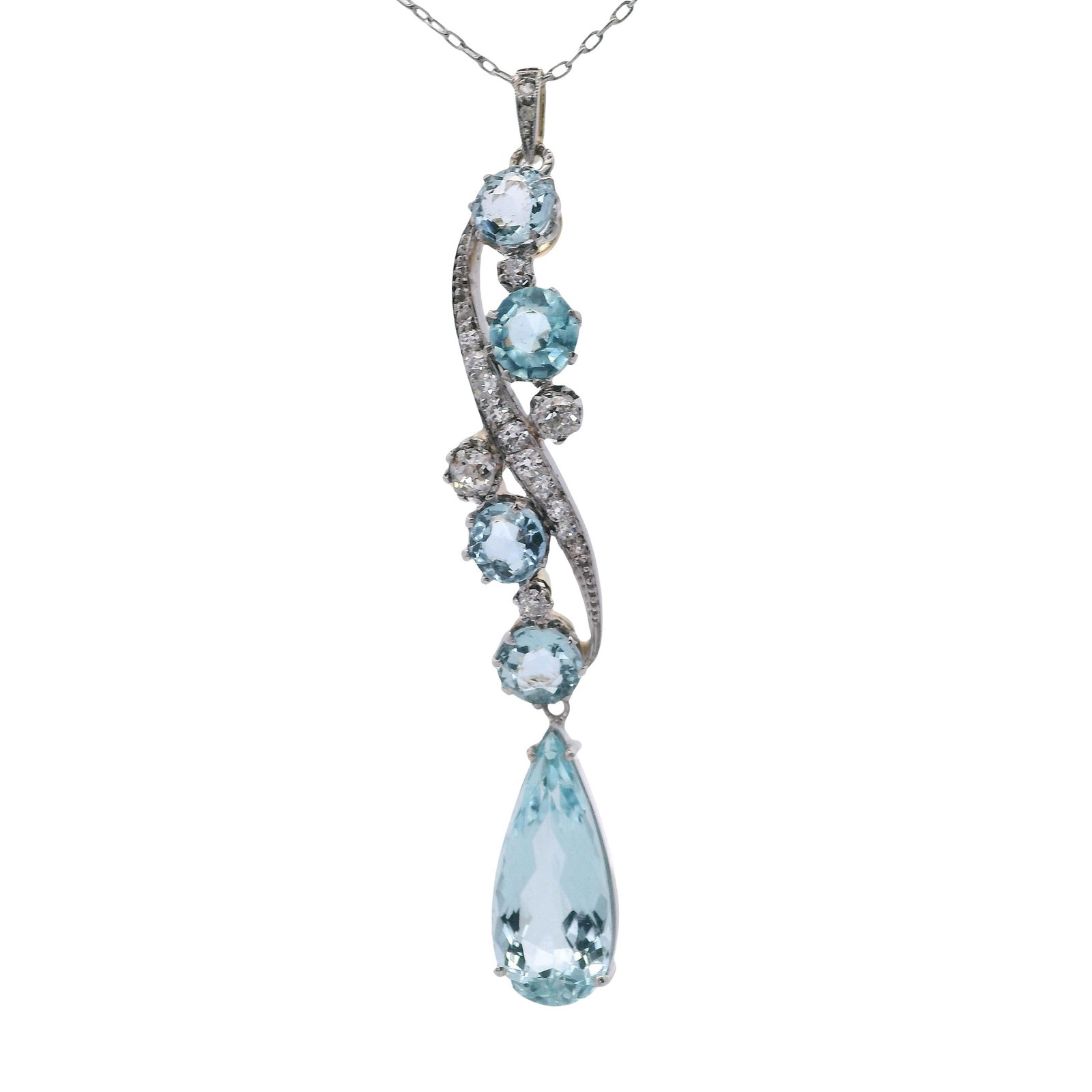 18K Yellow & White Gold Pendant with 7.00 CTW in Aquamarine & Diamond: 18K yellow and white gold aquamarine & diamond pendant, accompanied by an 18-inch platinum chain, weighing 11.2 grams, accenter with aquamarines totaling approx. 6.00 cts in a graceful, elongated drop