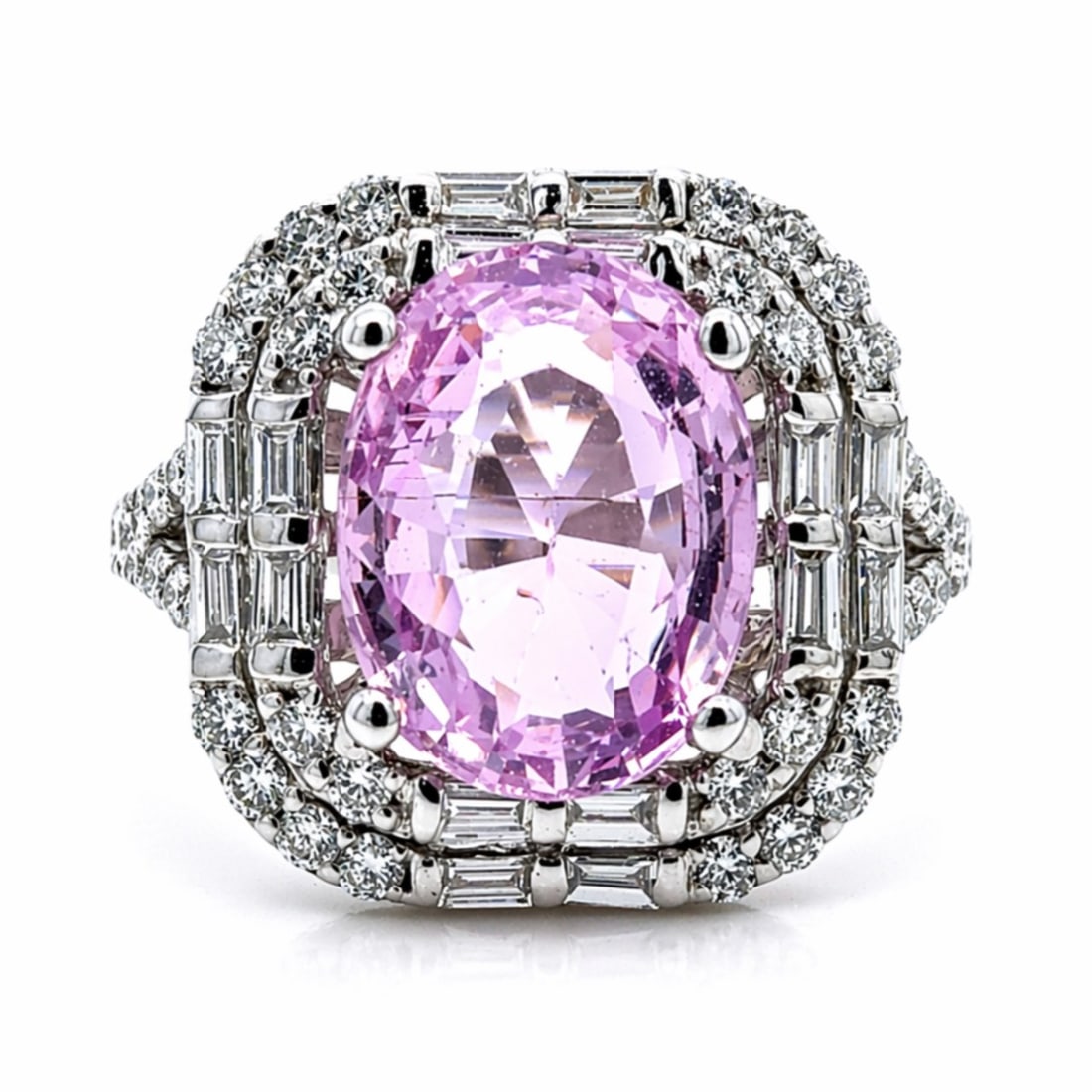 GIA 18K White Gold Ring with 4.78 CTW in Pink Sapphire & Diamond: 18K White Gold GIA Certified No-Heat Pink Sapphire & Diamond Ring, weighing 5.2 grams, centered by a vivid GIA-certified 3.58 ct no-heat pink sapphire measuring 10.46 x 8.16 x 4.40 mm (GIA #1232739576