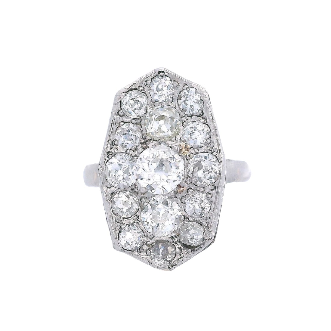 Art Deco Platinum Ring with 2.50 Cts Diamonds: Circa 1920s. Art Deco Platinum Ring featuring a center Old European cut Diamond of Approx. 0.50 carats. H color, VS2-SI1 clarity (eye clean). Along with a pave of Old mine cut Diamonds weighing togeth