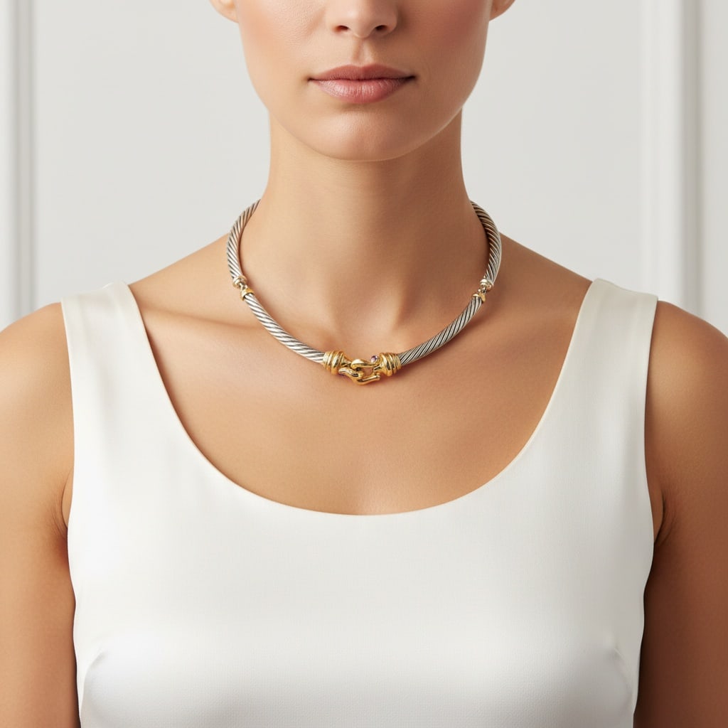 DAVID YURMAN 18kt yellow Gold & Sterling Necklace with Tourmalines: Total weight: 109.5 grams. Stamped: "D. YURMAN, 585, 925". Interior diameter: 15.50 inches.