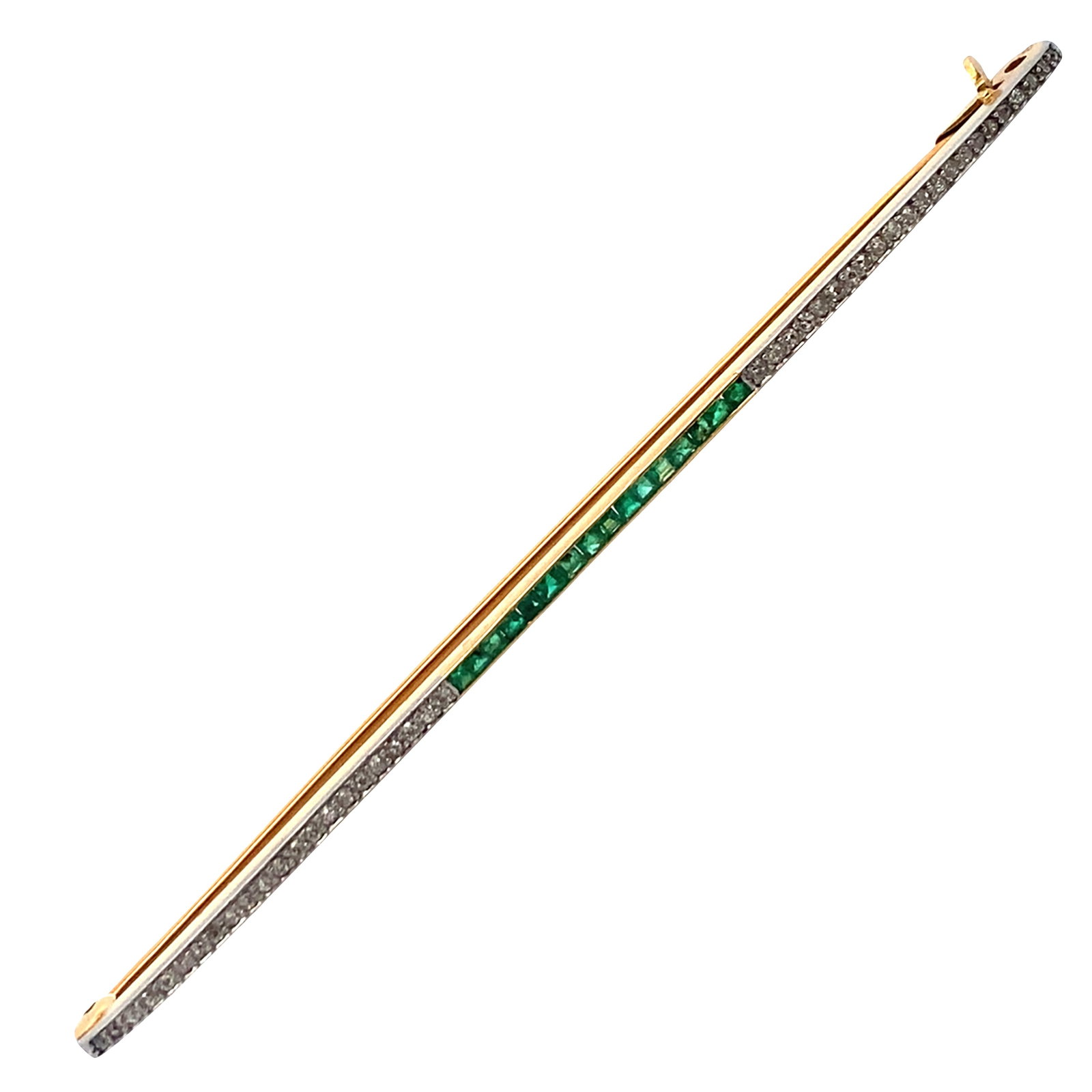 FRENCH Antique 18kt yellow Gold Pin Brooch with Colombian Emerald & Diamonds: French Antique Pin Brooch crafted from 18kt yellow Gold. Accented with 16 square cut vivid Green Colombian Emeralds weighing Approx. 0.60 carats. Along with 44 Round cut Diamonds weighing together App