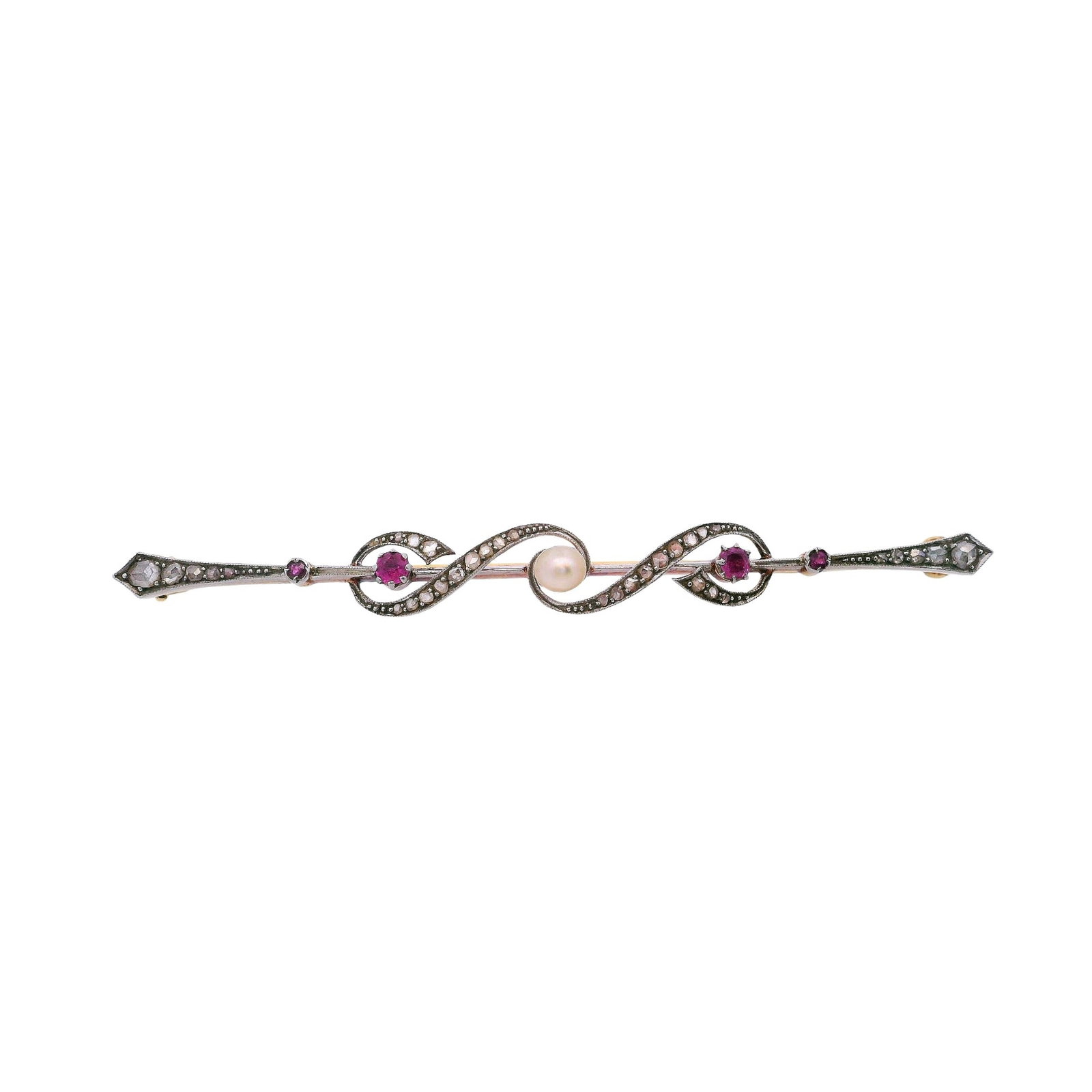 Art Nouveau 18kt Gold & Platinum Pin Brooch with Diamonds, Rubies & Pearls: Art Nouveau 18kt yellow Gold & Platinum on top Pin Brooch featuring Rose cut Diamonds, two Rubies and a center Pearl. Total weight: 8.1 grams. Measurements: 3.0 x 0.35 inches.