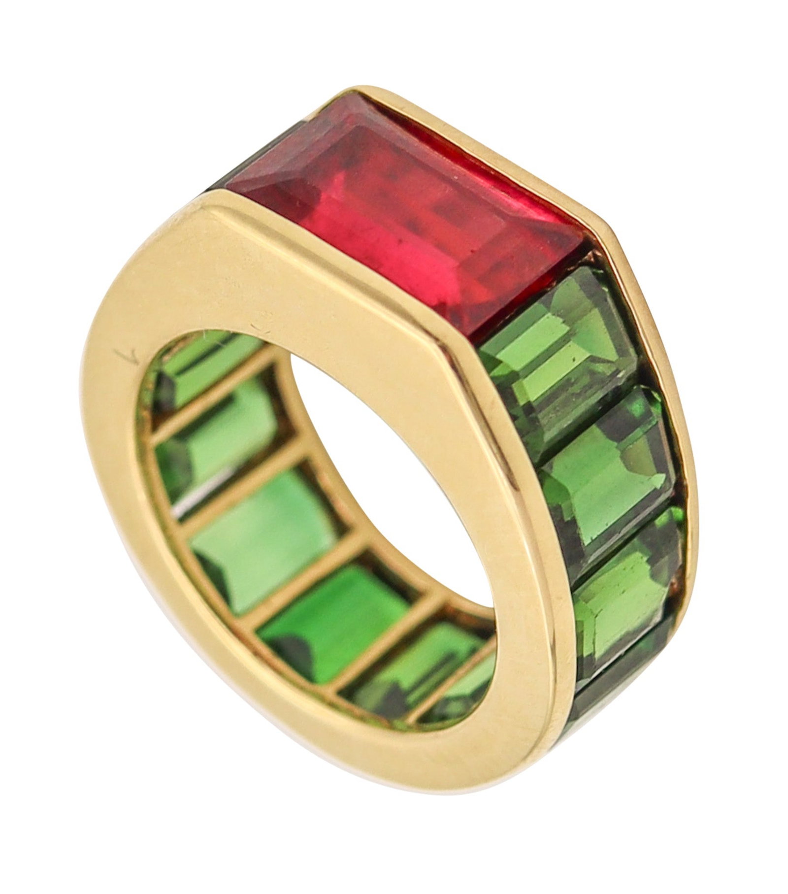 MODERNIST Riviera Cocktail Ring In 18Kt Gold With 13.31 Ctw In Tourmalines: Riviera-style cocktail ring in high-polish 18K yellow gold, channel-set with Brazilian tourmalines in a continuous, sleek modernist layout. Tourmalines: 12 emerald-cut vivid green tourmalines (7 x 5 x