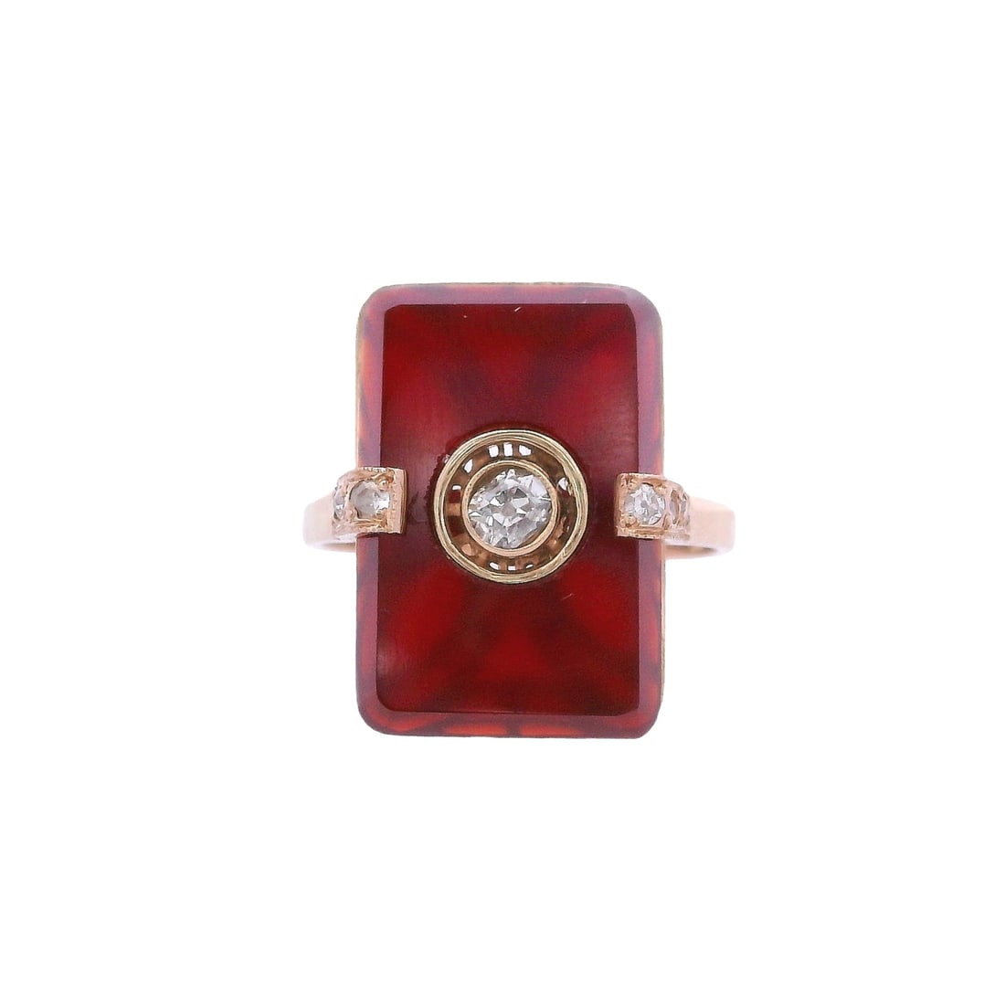 Art Deco 18kt Rose Gold Carnelian & Diamond Ring: Art Deco Plaque Ring crafted form 18kt Rose Gold featuring a high polished rectangular Carnelian. Accenter with a center Old mine Diamond of Approx. 0.18 carats. J color, SI2 -I1 clarity. Along with e