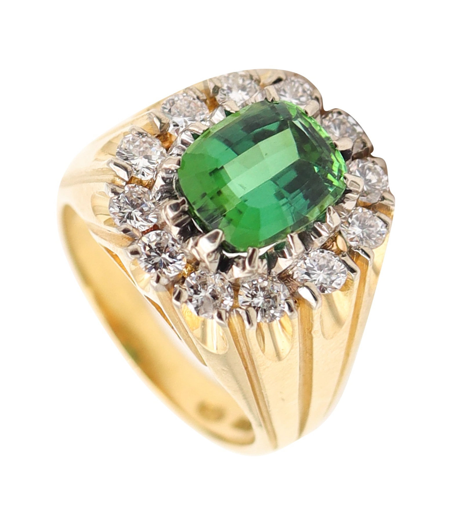 SPRITZER & FUHRMANN 1970 Ring In Solid 18Kt Gold Diamonds & GIA Tourmaline: Spritzer & Fuhrmann, late 1970s (Modernist, 1960–1970). Cocktail ring in high-polish 18K yellow gold, centered with 1 cushion-cut blue?green color-change tourmaline (9.41 x 7.56 x 5.38 mm) weighing 