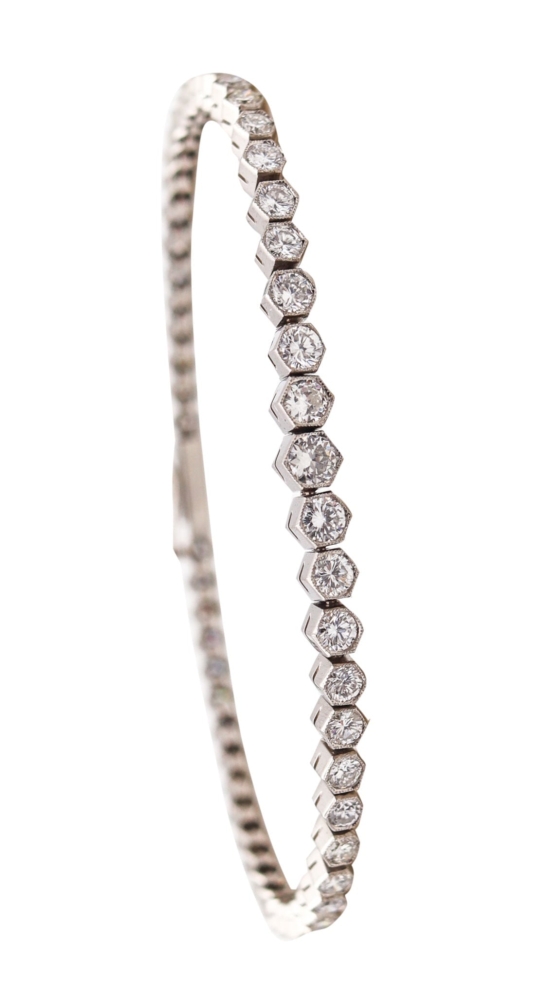 ART DECO 1930 Graduated Riviera Bracelet In Platinum With 5.40 Ctw Diamonds: This is a very elegant Riviera bracelet with graduated diamonds, created during the art deco period, back in the 1930. The bracelet has been crafted with impeccable details in solid platinum and embel