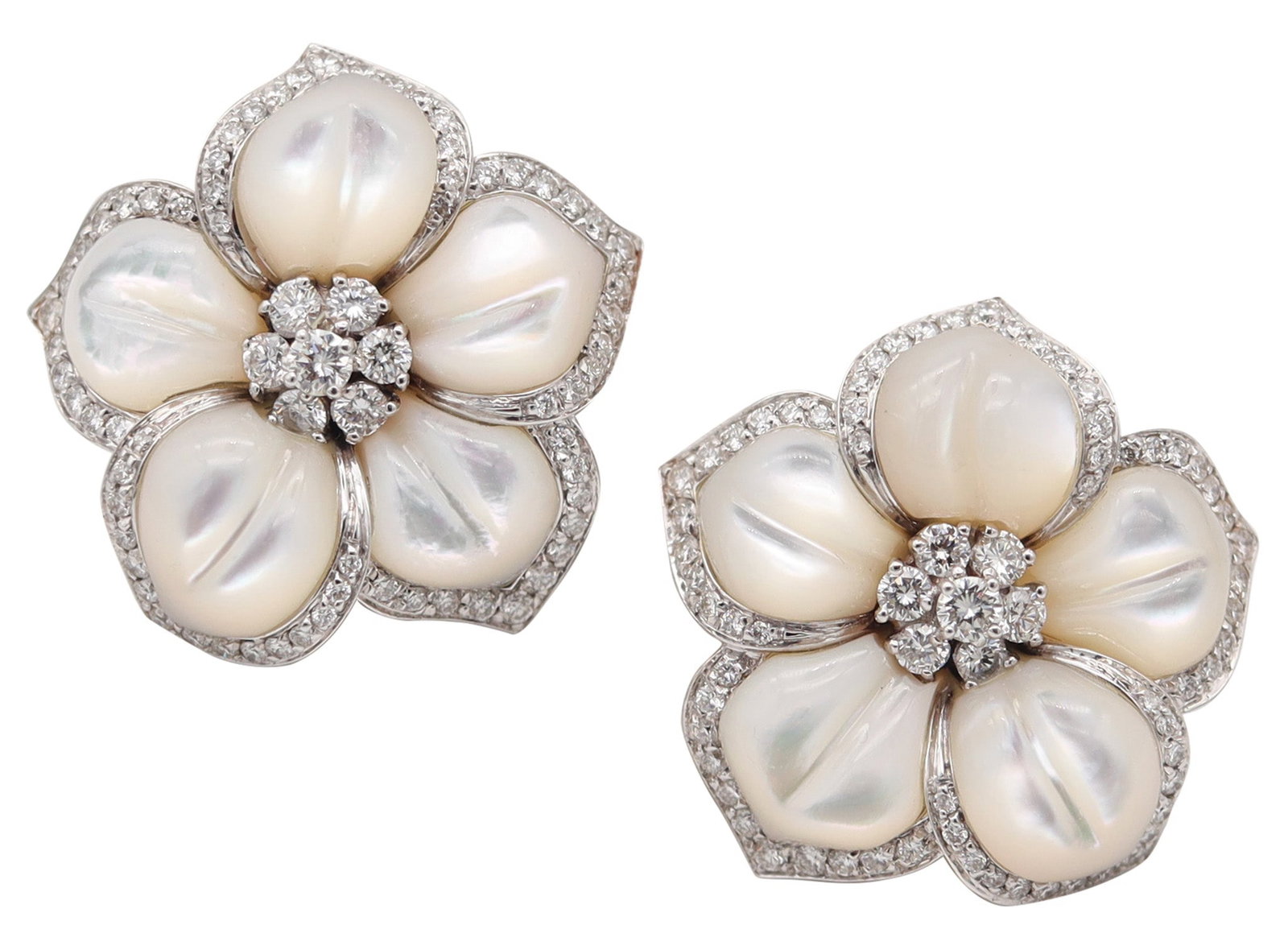 AMBROSI Milano Flowers Clips Earrings In 18kt white Gold With Nacre & Diamonds: Valenza, Italy (c. 1990). Flower-form earrings by Ambrosi, hand crafted as left/right in high-polish 18K white gold, set with 134 diamonds and 10 carved white nacre elements; fitted with French omega 