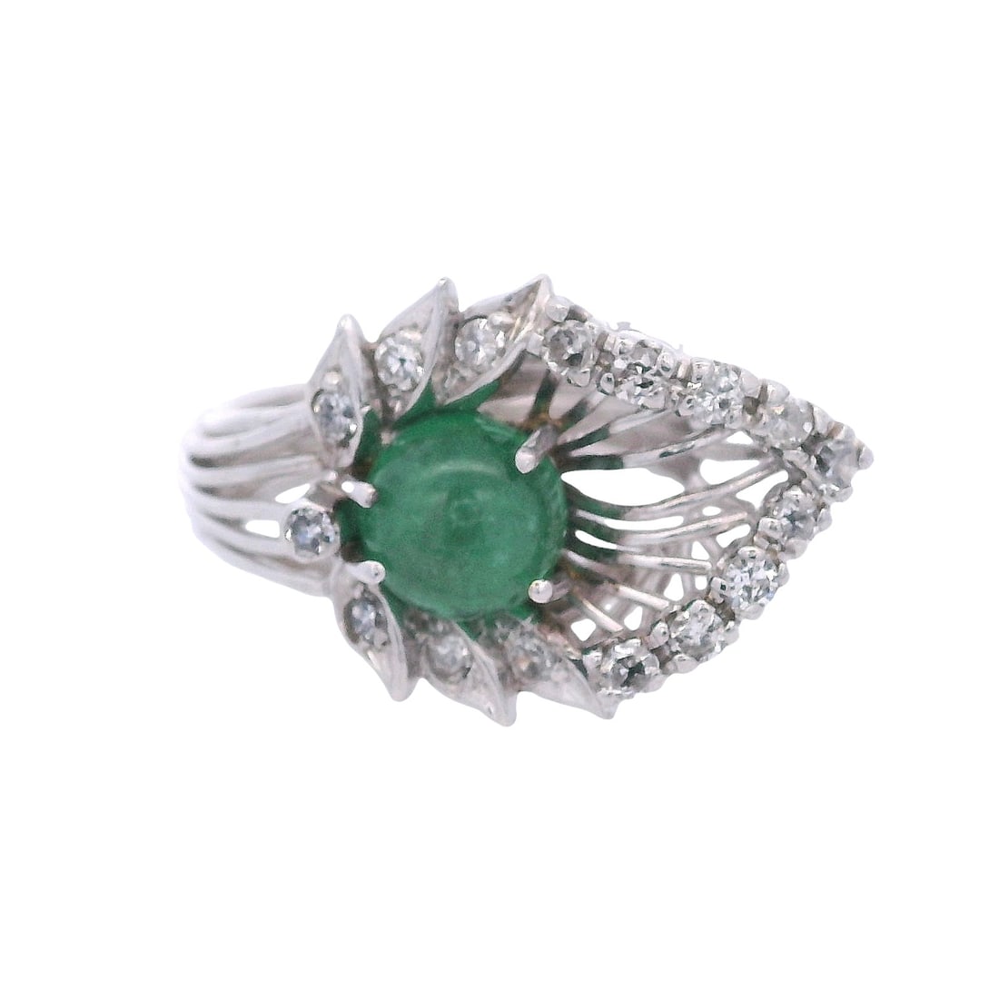 Vintage Platinum Ring with Diamond & Emerald: Vintage Platinum Ring featuring a cabochon Emerald of Approx. 1.20 carats. Along with Single cut Diamonds weighing together Approx. 0.40 carats. H color, VS2 clarity. Total weight: 8.6 grams. Ring siz