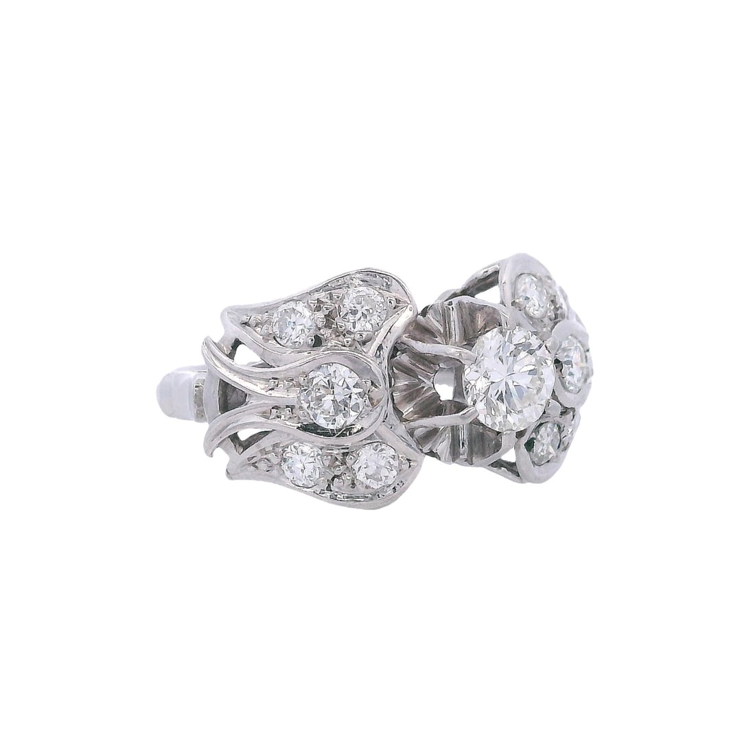 Art Deco Platinum Ring with 1.00 Cts Diamonds: Art Deco Platinum Ring featuring a center Round cut Diamond of Approx. 0.30 carats. VS1 clarity, H color. Accenter with 10 European cut Diamonds weighing together Approx. 0.70 carats. H-J color, VS cl