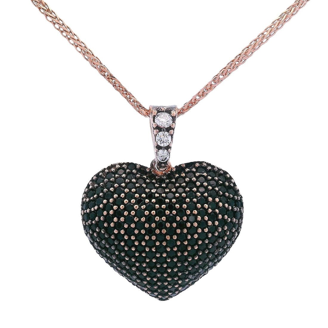 14kt Rose Gold Heart Pendant Necklace with Diamonds: 14K rose gold heart pendant, accompanied by a matching 14K rose gold chain. The pendant is pavé-set with round black diamonds and accenter with three round brilliant-cut white diamonds totaling appro