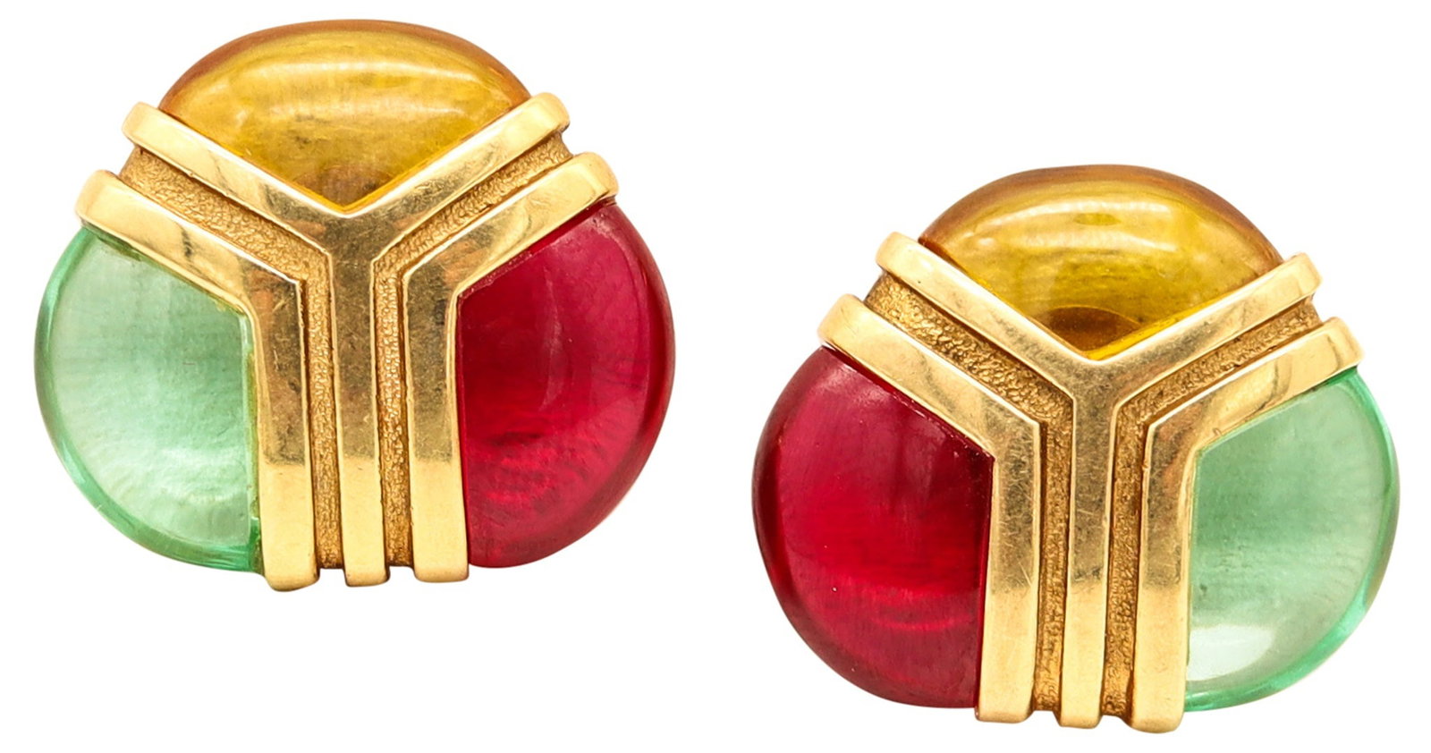 MODERNIST Italian Clips Earrings In Solid 18Kt Yellow Gold With Color Gemstones: Italy, modernist period (c. 1990s). Colorful clip-on earrings crafted in polished 18K yellow gold, set with 6 half-moon cabochon topazes in half-bezel settings—carved in red, green, and yellow hues�