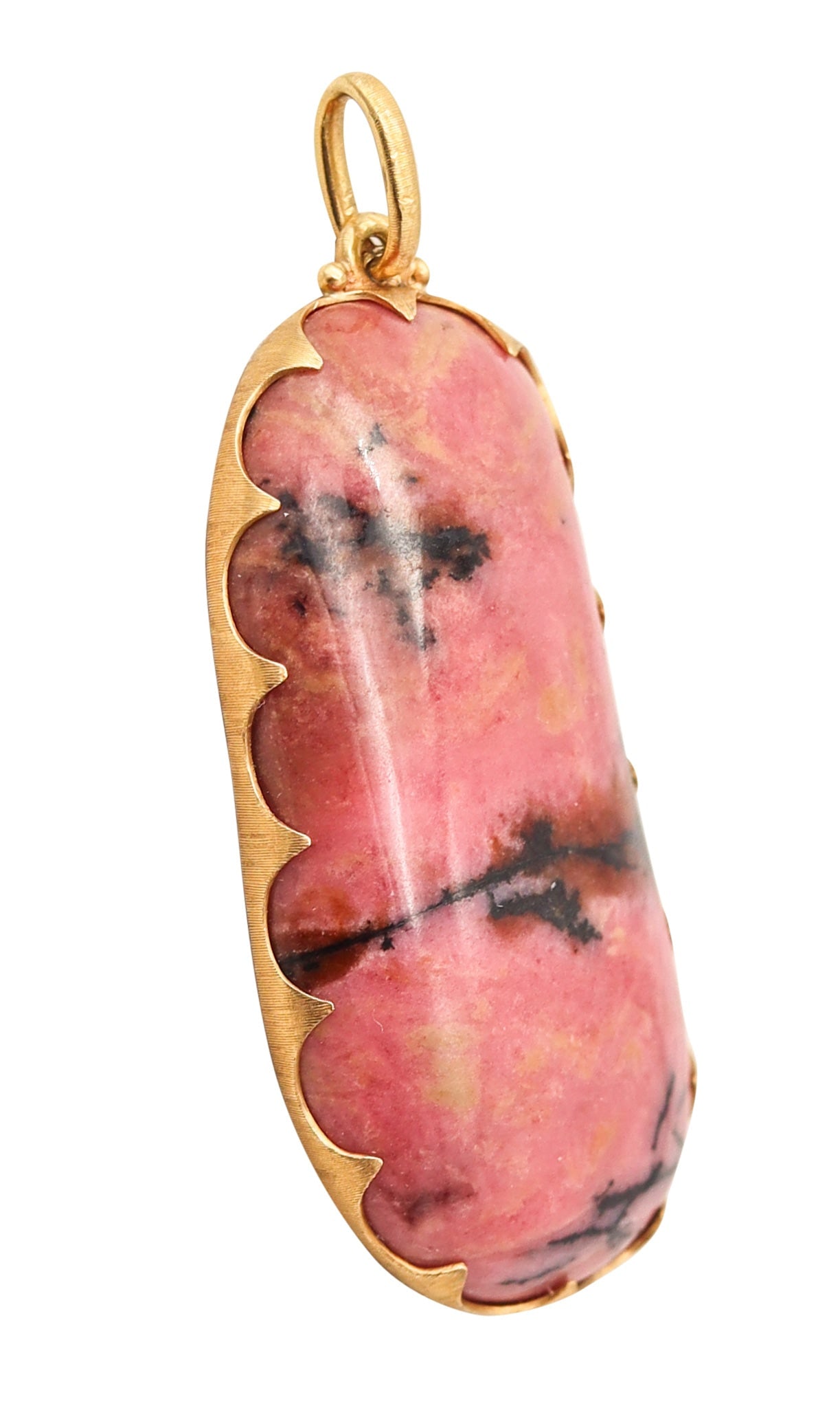 BUCCELLATI 1960 Milano Vintage Pendant In 18Kt Yellow Gold With Rhodochrosite: Milano, Italy, mid-century modernist (c. 1960). Classic pendant by Mario Buccellati, hand-crafted in 18K yellow gold with the house’s signature brushed/Florentine-style texturing, set with a massive