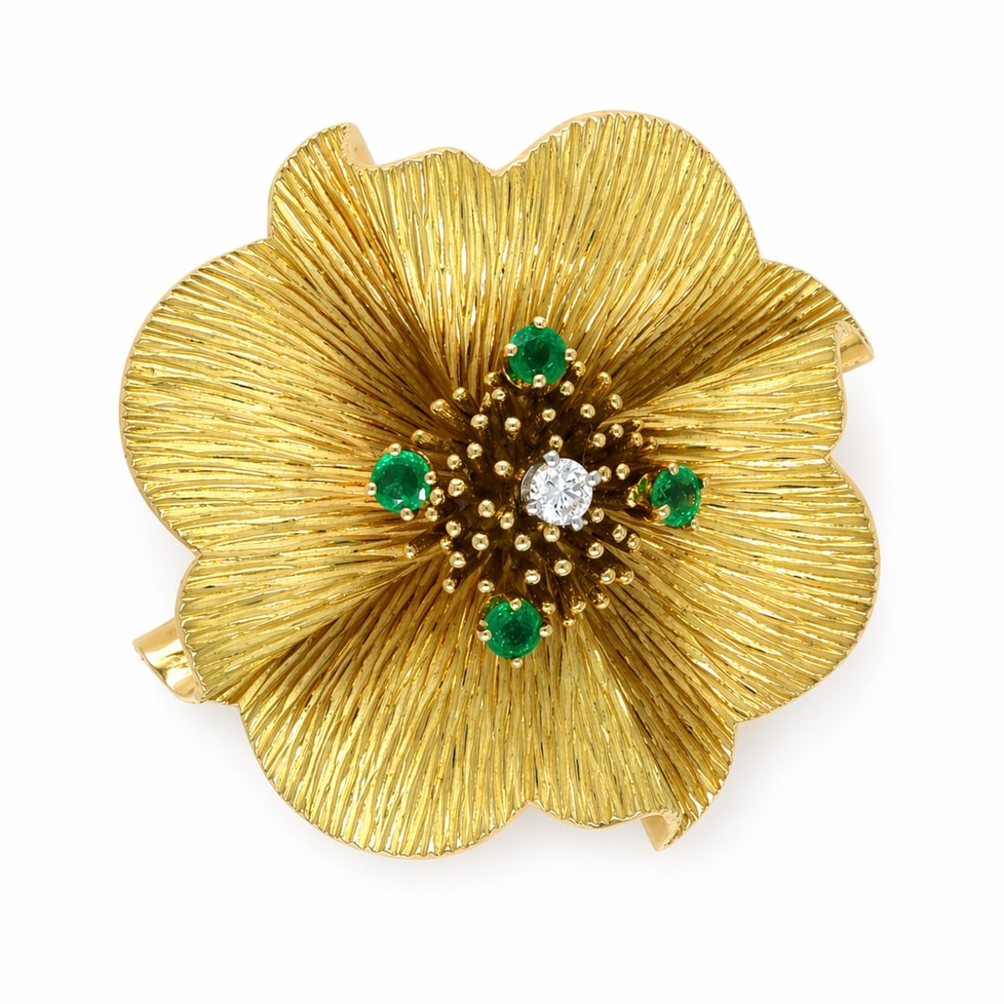 TIFFANY & CO. 18K Yellow Gold Brooch with 0.50 CTW in Emerald & Diamond: TIFFANY & CO. 18K Yellow Gold Emerald & Diamond Flower Brooch, weighing 16.5 grams, beautifully crafted with rich, sculptural fluted petals that catch the light with every movement. Set with an approx