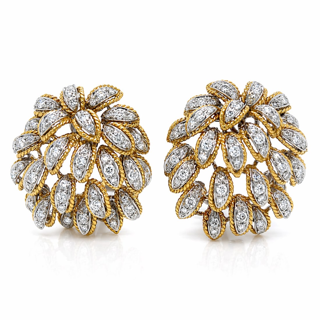 1960s 18K Yellow Gold Earrings with 2.70 CTW in Diamond: 1960s 18K Yellow Gold Diamond Earrings, weighing 17.7 grams, set with 136 diamonds totaling approx. 2.70 cts (F–G color, VVS–VS clarity) for crisp, high-grade brilliance throughout. The bold, dime
