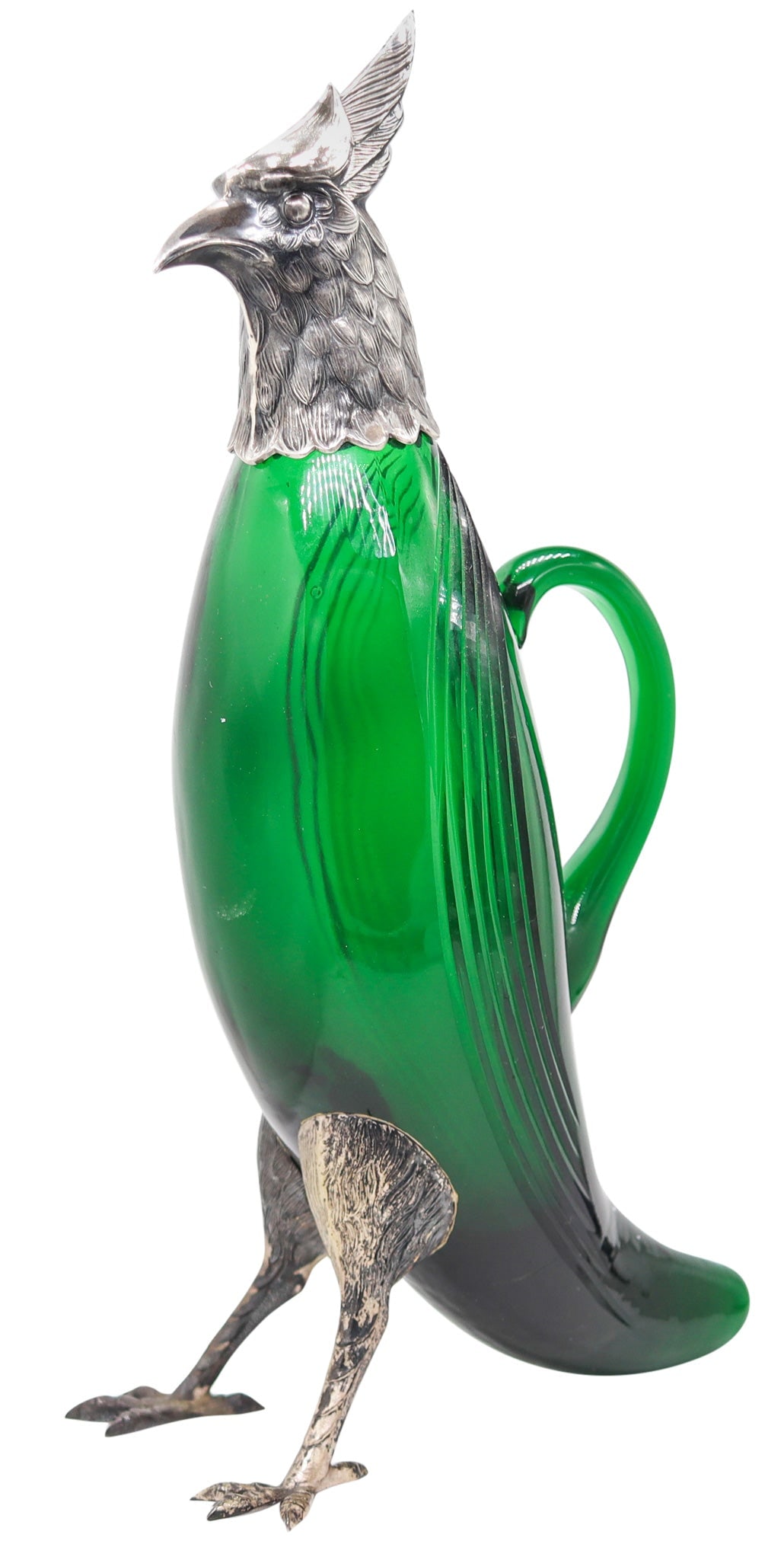 SPANISH 1930 Art-Deco Falcon Shaped Claret Wine Jar In Green Cut Glass & Sterling: Madrid, Spain, Art Deco (c. 1928–1930). Oversized claret jar formed as a standing falcon, combining hand-cut green glass body with .925 sterling silver mounts worked with chiseled, textured feather 