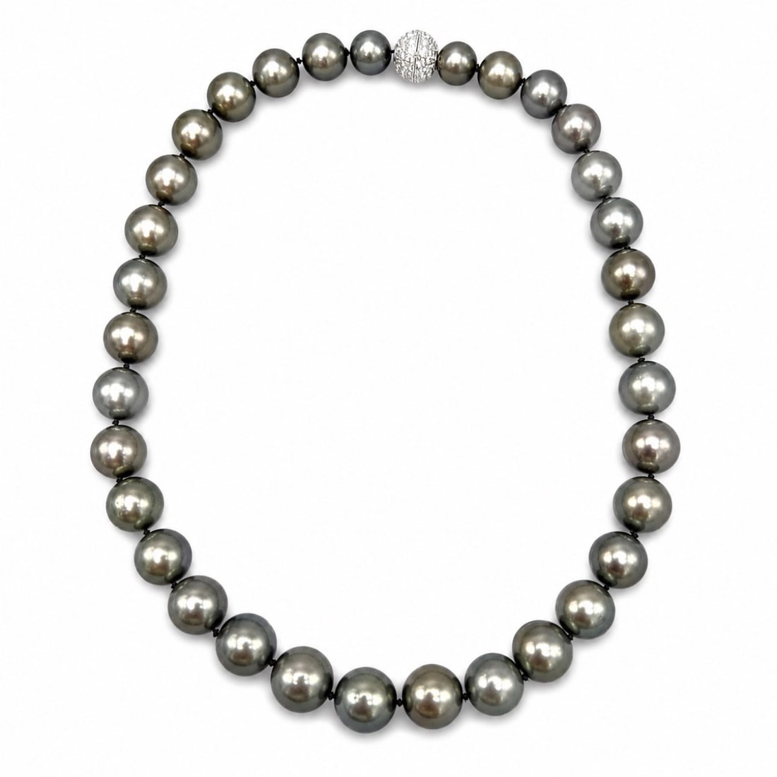 Tahitian South Sea Pearl Necklace with 2.00 CTW in Tahitian South Sea Pearl & Diamond: Graduated Tahitian South Sea pearl necklace featuring 35 pearls measuring 13.4–10.3 mm, finished with a platinum diamond clasp set with diamonds totaling approximately 2.00 ctw (F–G color, VVS–V