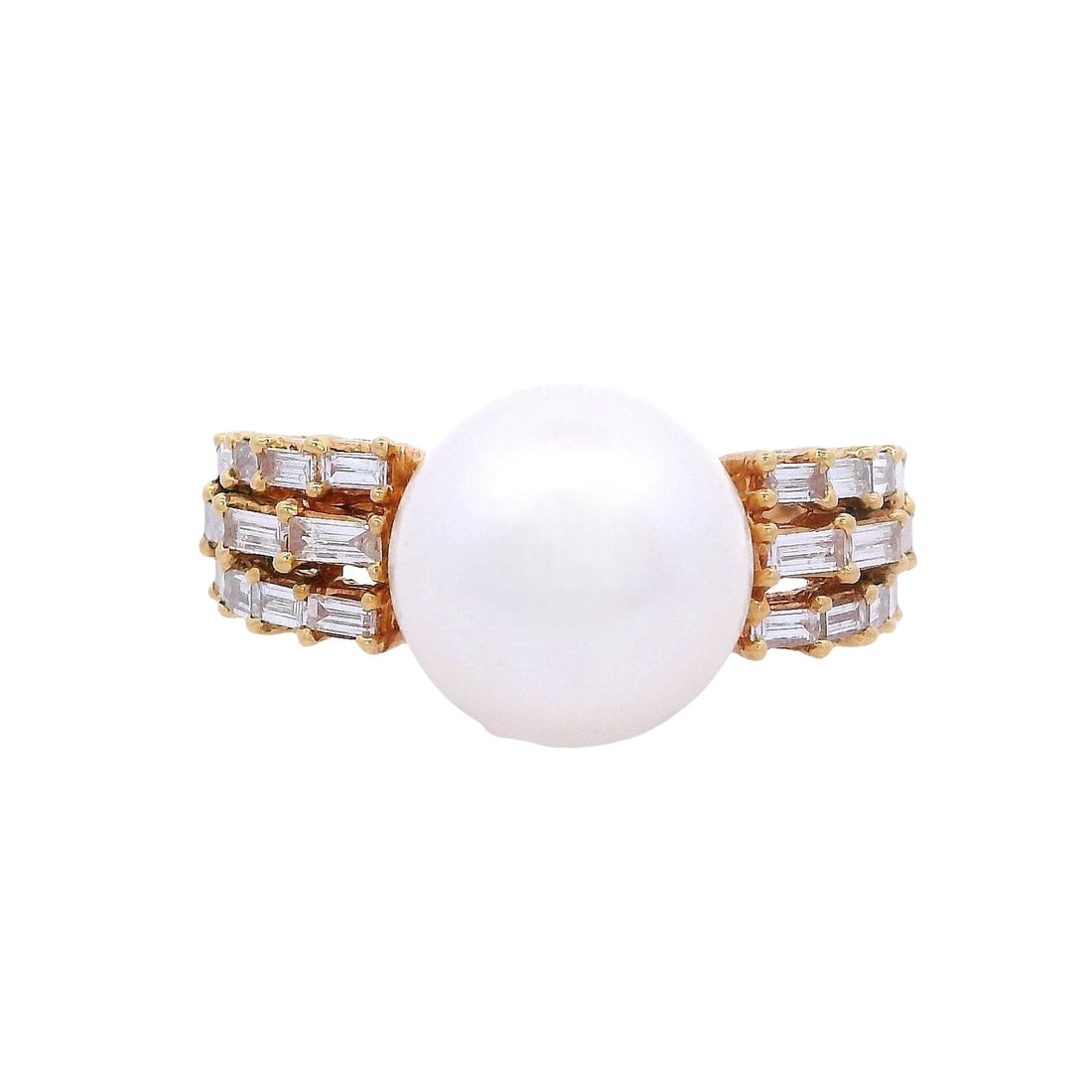18kt yellow Gold Ring with Diamonds & Pearl: 18kt yellow Gold Ring featuring a center Round white Pearl of 11.40 mm diameter. Accenter with 22 Baguette cut Diamonds weighing together Approx. 1.00 carats. G-H color, VS2 clarity. Ring size: 7 1/2.