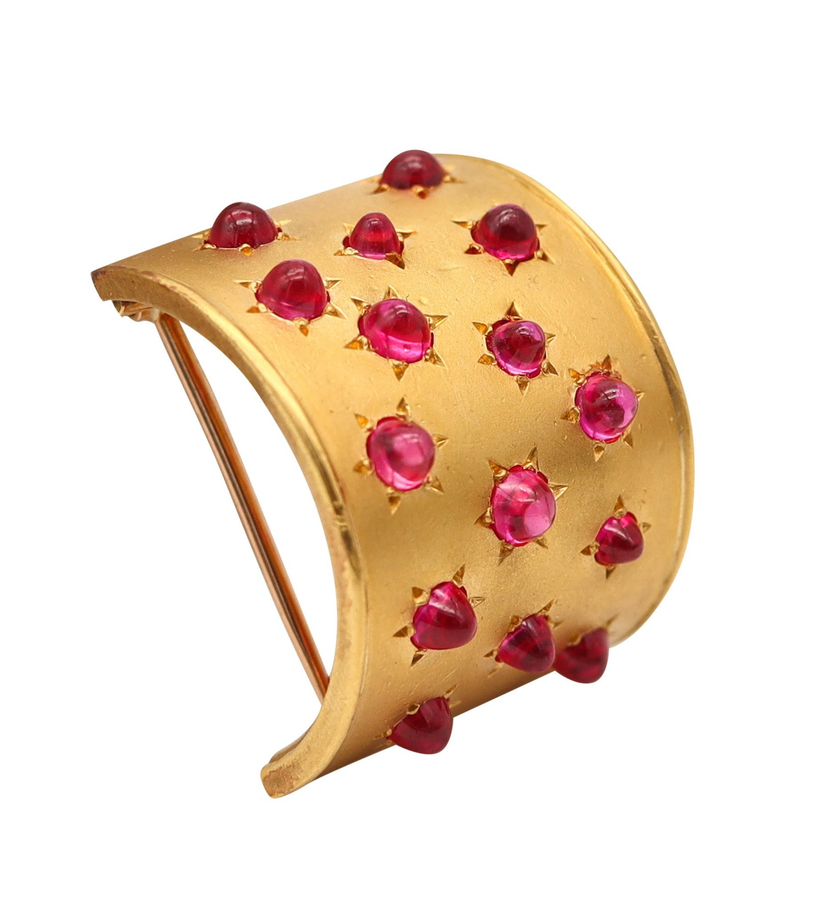 RENE BOIVIN Paris 1940 Art Deco Convertible Pendant Brooch In 18Kt Gold & Rubies: Paris, France, Art Deco (c. 1940). Rare three-dimensional convertible clip/pendant-brooch by René Boivin, crafted in 18K yellow gold with brushed and polished finishes, fitted with concealed hinge pi