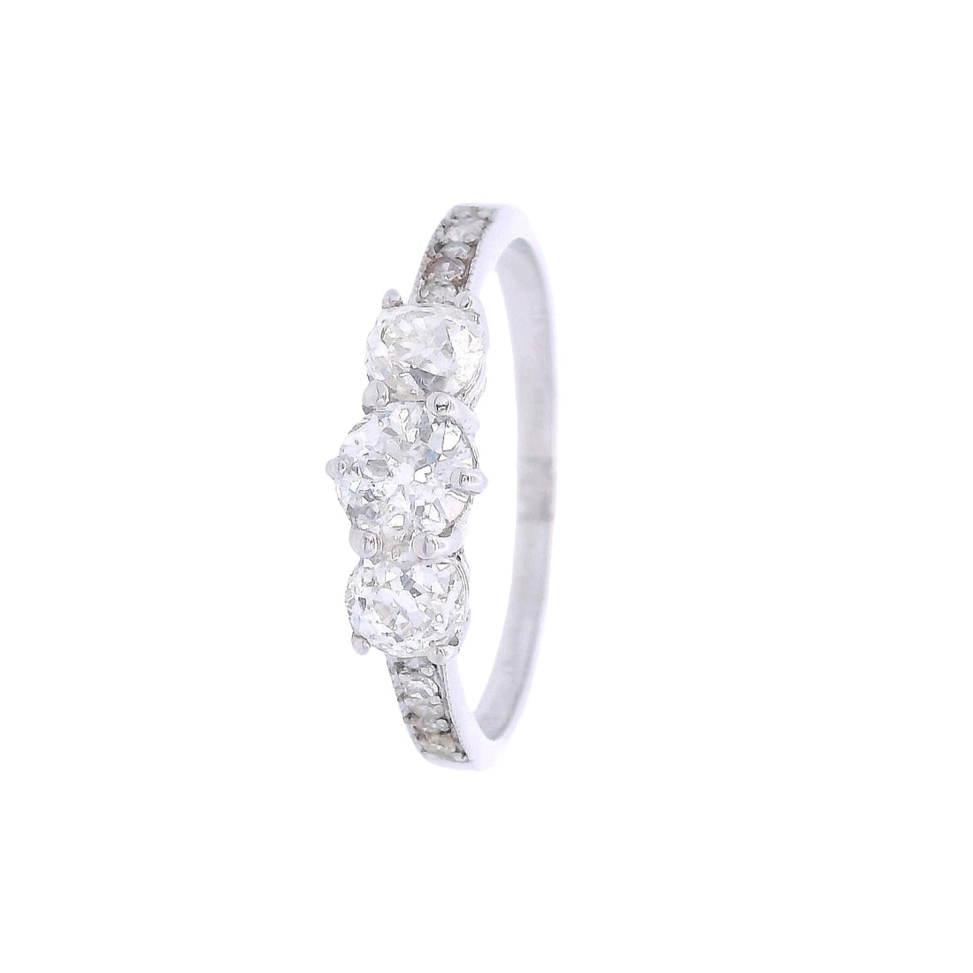 Vintage 18kt white Gold Ring with Old mine Diamonds: Vintage 18kt white Gold Ring featuring three Old mine cut Diamonds weighing together Approx. 1.00 carats. H-I color, VS2 clarity. Accenter with 10 Single cut Diamonds on the sides weighing together Ap