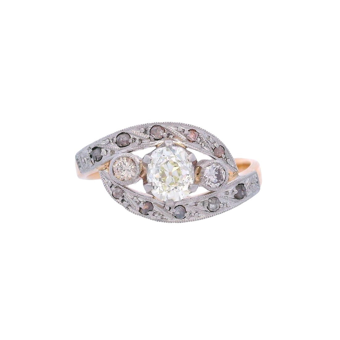Victorian 18kt Gold and Platinum Ring with Diamonds: Victorian Ring crafted in 18kt yellow Gold and Platinum on top, featuring a center Old mine Diamond of Approx. 0.50 carats. SI1 clarity, K color. Along with 12 Rose cut and Old mine Diamonds weighing 