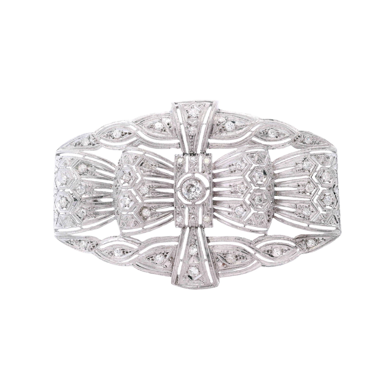 Art Deco Platinum filigree Brooch with Diamonds: Art Deco filigree Brooch crafted in Platinum set with a center Old mine Diamond Approx. 0.35 carats. J color, SI2 clarity. Accenter with 42 Single cut Diamonds weighing Approx. 1.10 carats. G-H color.