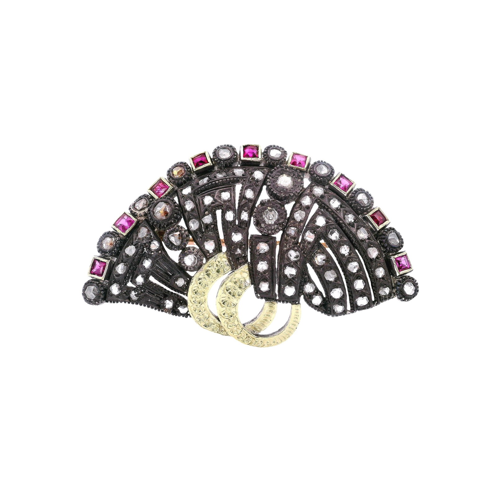 Edwardian 14kt Gold and Silver Brooch with Diamonds and synthetic Rubies: Edwardian Brooch crafted in 14kt yellow Gold and Silver on top, Accenter with Rose cut Diamonds and nine square cut synthetic Rubies. Total weight: 13.20 grams. Measurements: 1.8 x 1.1 inches.
