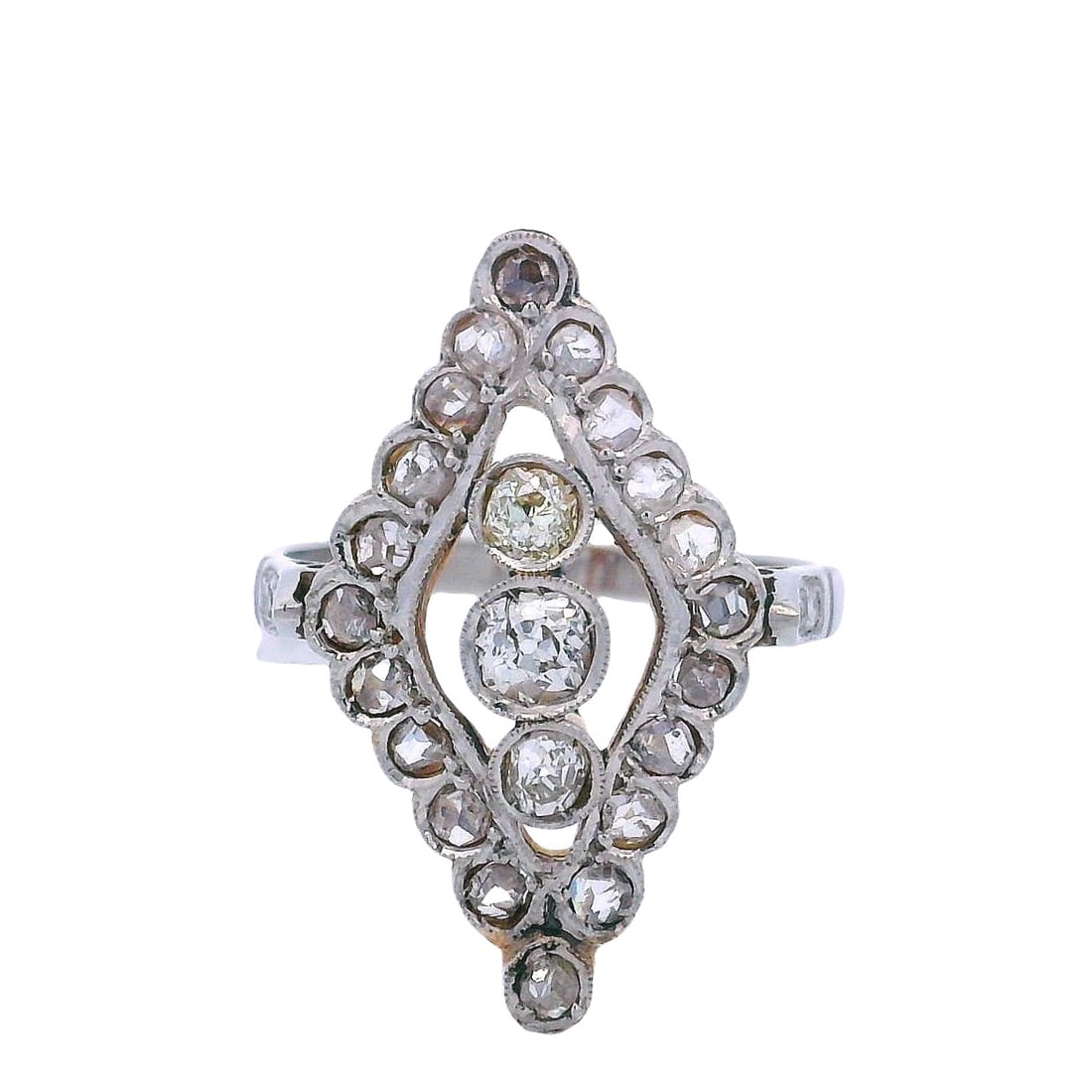 Antique 18kt Gold and Platinum Ring with Diamonds: Antique Ring crafted in 18kt yellow Gold and Platinum, featuring three center Old mine Diamonds weighing Approx. 0.50 carats. H-J color, VS-SI1 clarity. Along with Rose cut Diamonds weighing approx. 0
