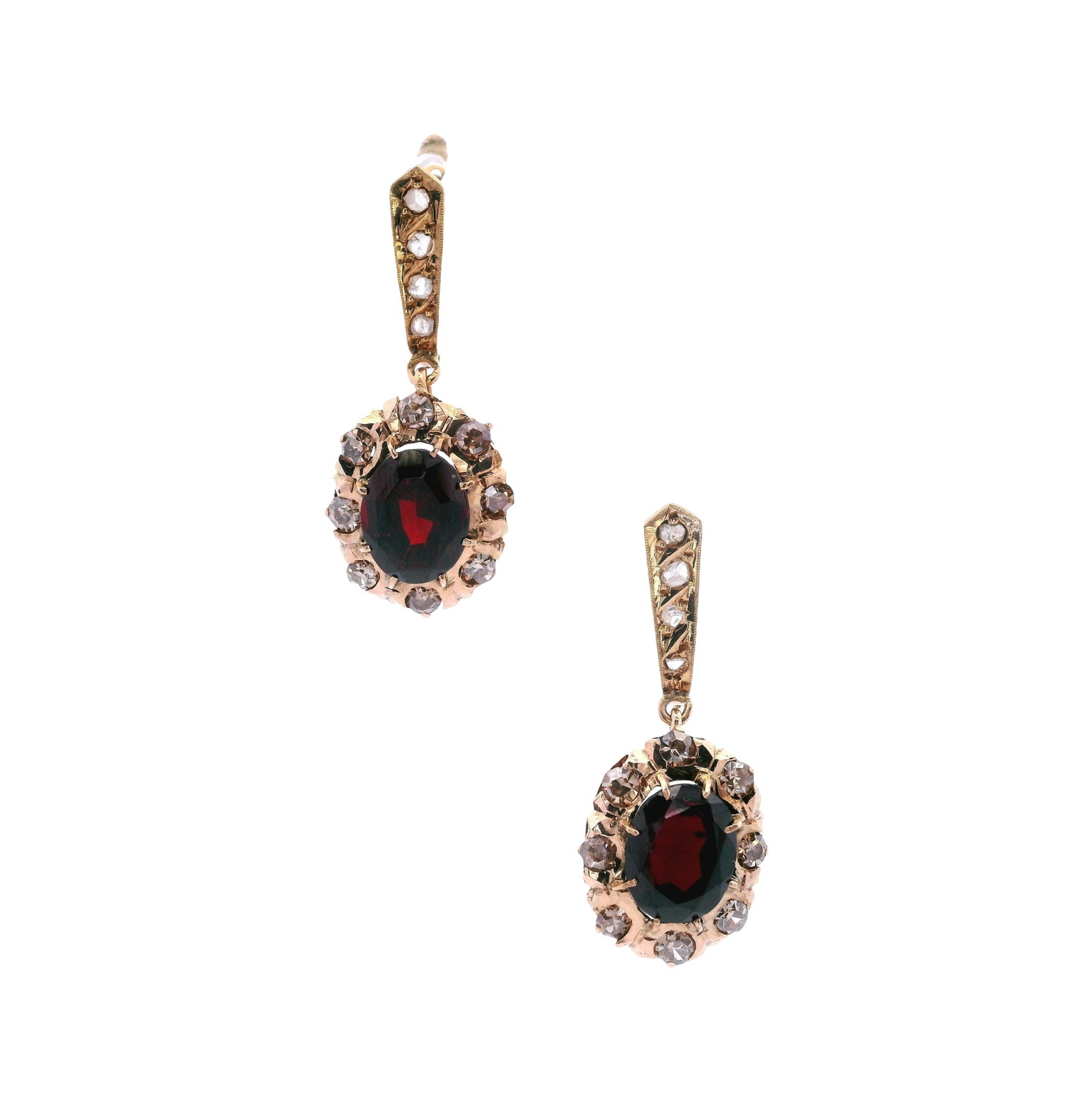 Antique 18kt yellow Gold Drop Earrings with Garnets & Diamonds: Pair of antique Rosetta Drop Earrings featuring two Oval cut Garnets of Approx. 4.25 carats. Along with Old mine and rose cut Diamonds weighing Approx. 0.60 carats. O-P color. Measurements: 1.15 x 0.5