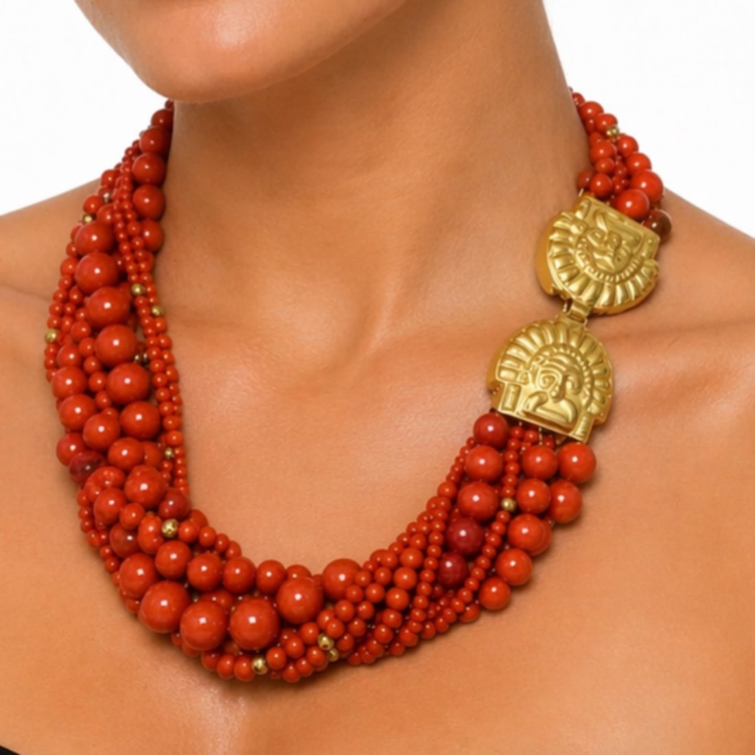 CARDENA 18K Yellow Gold Necklace with Italian Coral: CARDENA 18K Yellow Gold Italian Coral Necklace, weighing an impressive 214.8 grams, crafted as a luxurious multi-strand torsade of vivid Italian coral beads graduating from 10.4 mm to 3.2 mm for rich 