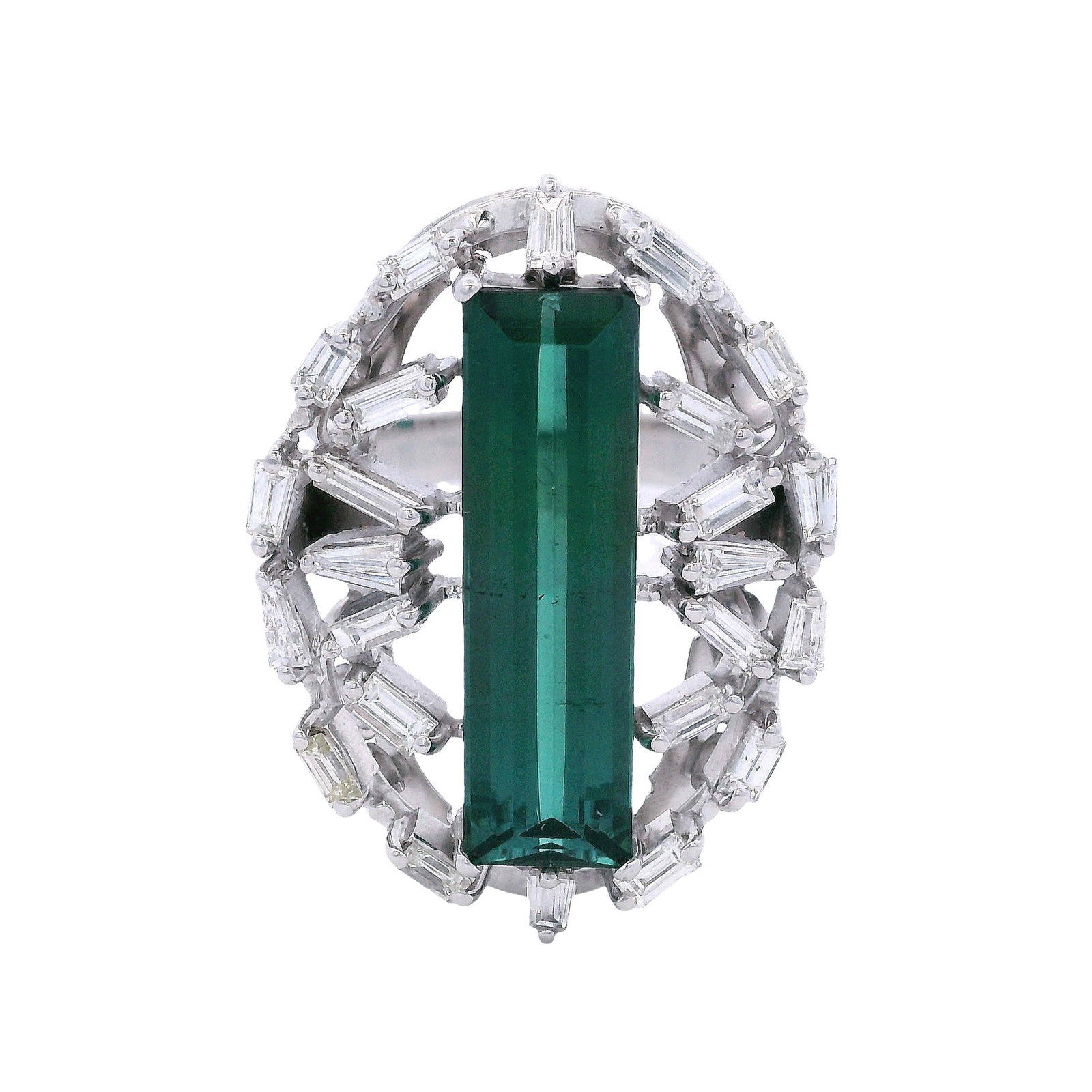 18kt white Gold Cocktail Ring with Green Tourmaline & Diamonds: 18kt white Gold Cocktail Ring featuring a center Emerald cut Green Tourmaline of Approx. 5.25 carats. Accenter with Baguette cut Diamonds weighing Approx. 1.40 carats. H color, VS2 clarity. Ring size: