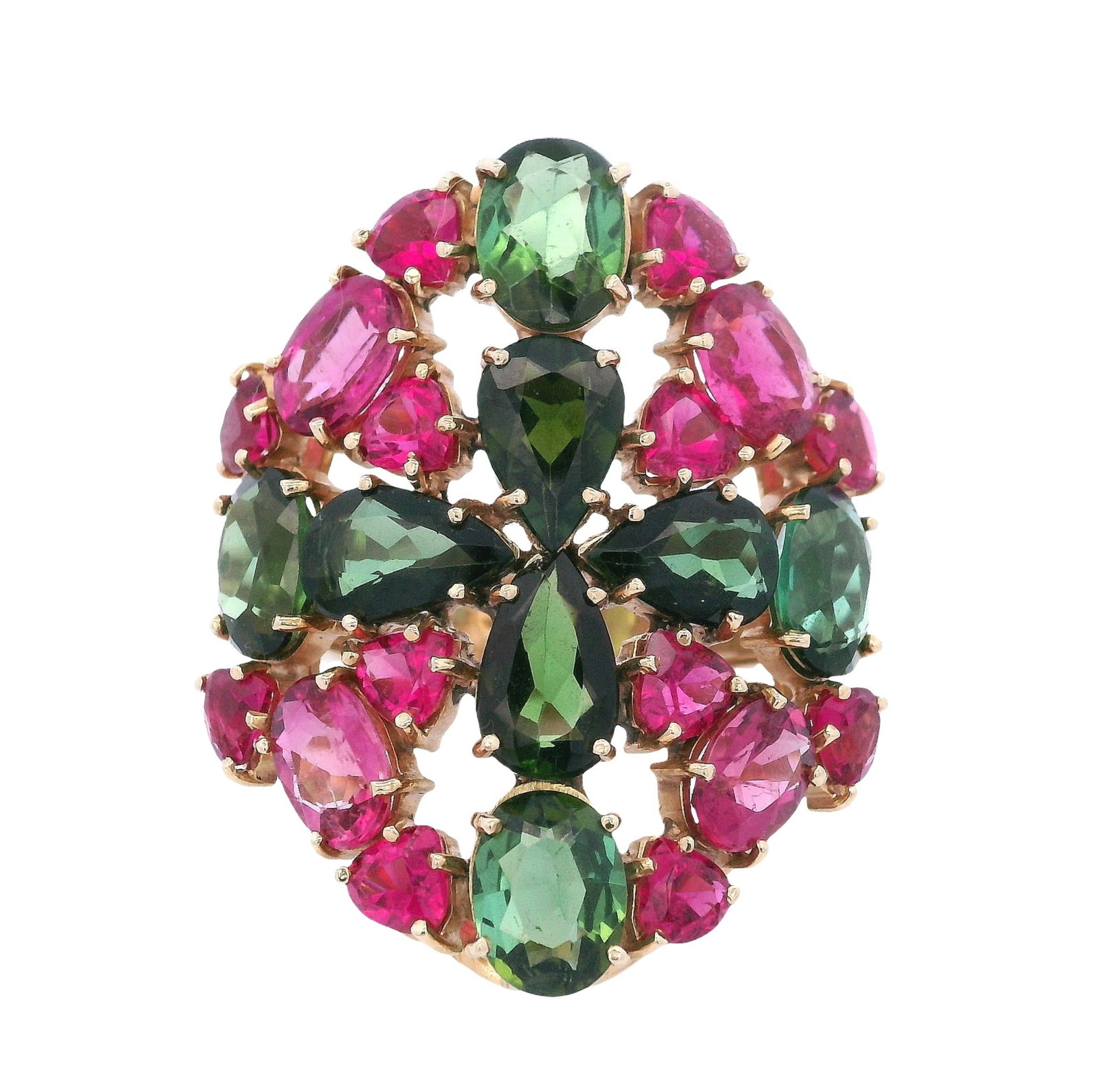 18kt yellow Gold Cocktail Ring with 24.0 Cts of Green & Pink Tourmalines: Bold Cocktail Ring crafted in 18kt yellow Gold, featuring different cut of Green and Pink Tourmalines, weighing together Approx. 24.0 carats. Ring size: 8. Total weight: 12.9 grams. Ring width: 1.33 i