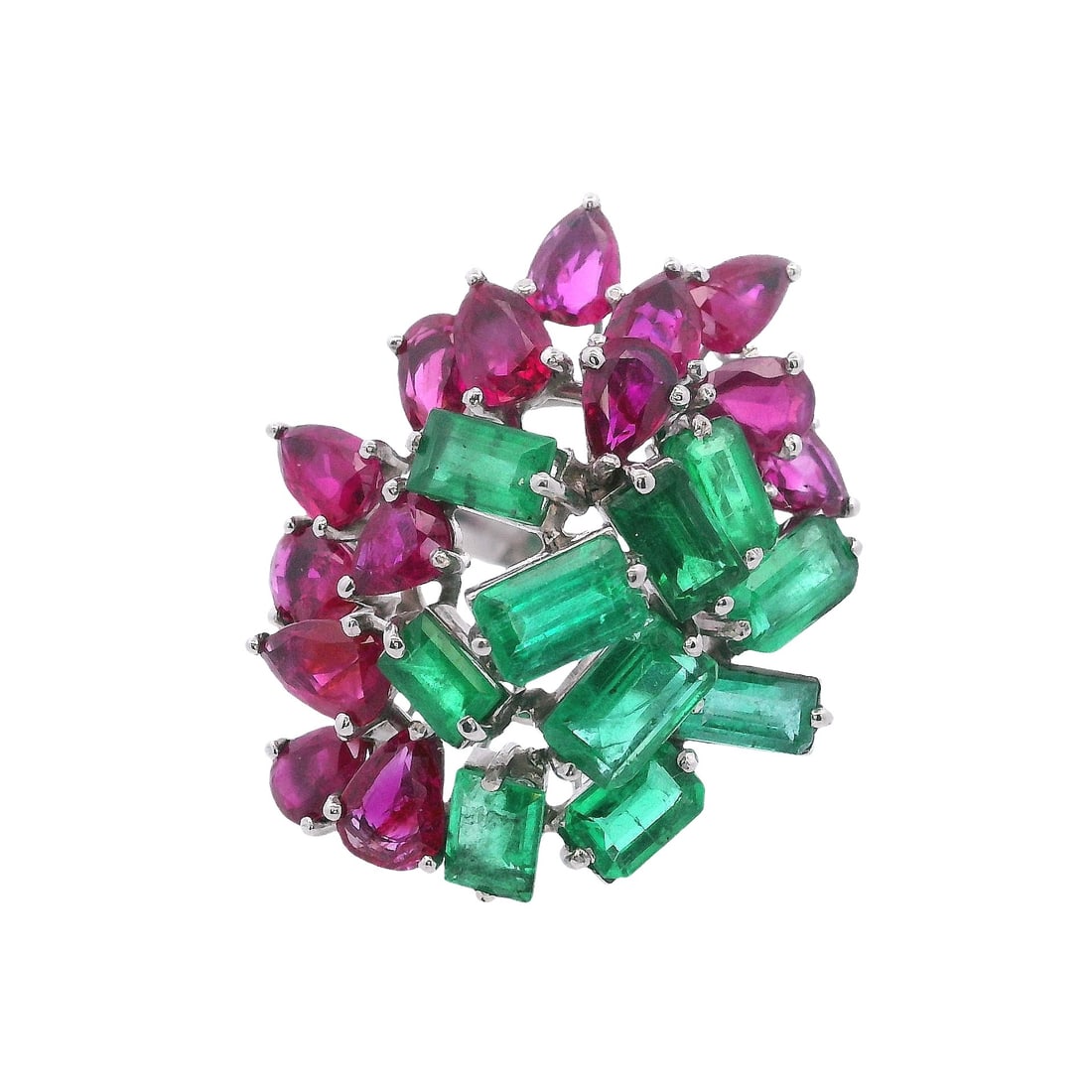 18kt white Gold Cocktail Ring with Emerald & Burma Rubies: 18kt white Gold Cocktail Ring featuring 10 Emeralds weighing Approx. 8.00 carats. Along with 14 Pearl shape Burma Rubies weighing Approx.10.0 carats. Ring size: 5. Total weight: 10.5 grams. Ring width