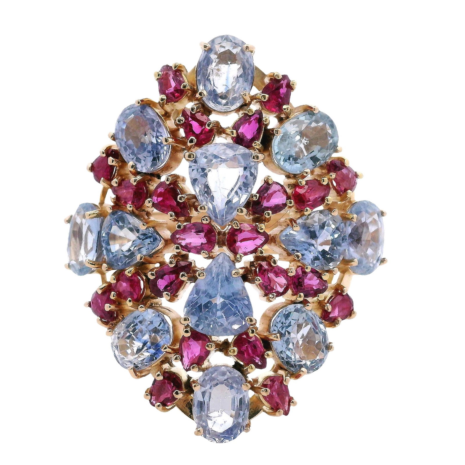 18kt yellow Gold Cocktail Ring with 16.20 Cts in Sapphires & Rubies: 18kt yellow Gold Cocktail Ring featuring 12 Blue Sapphires weighing together Approx. 13.20 carats. Along with 22 Rubies weighing Approx. 3.00 carats. Ring size: 9. Total weight: 15.2 grams. Ring width