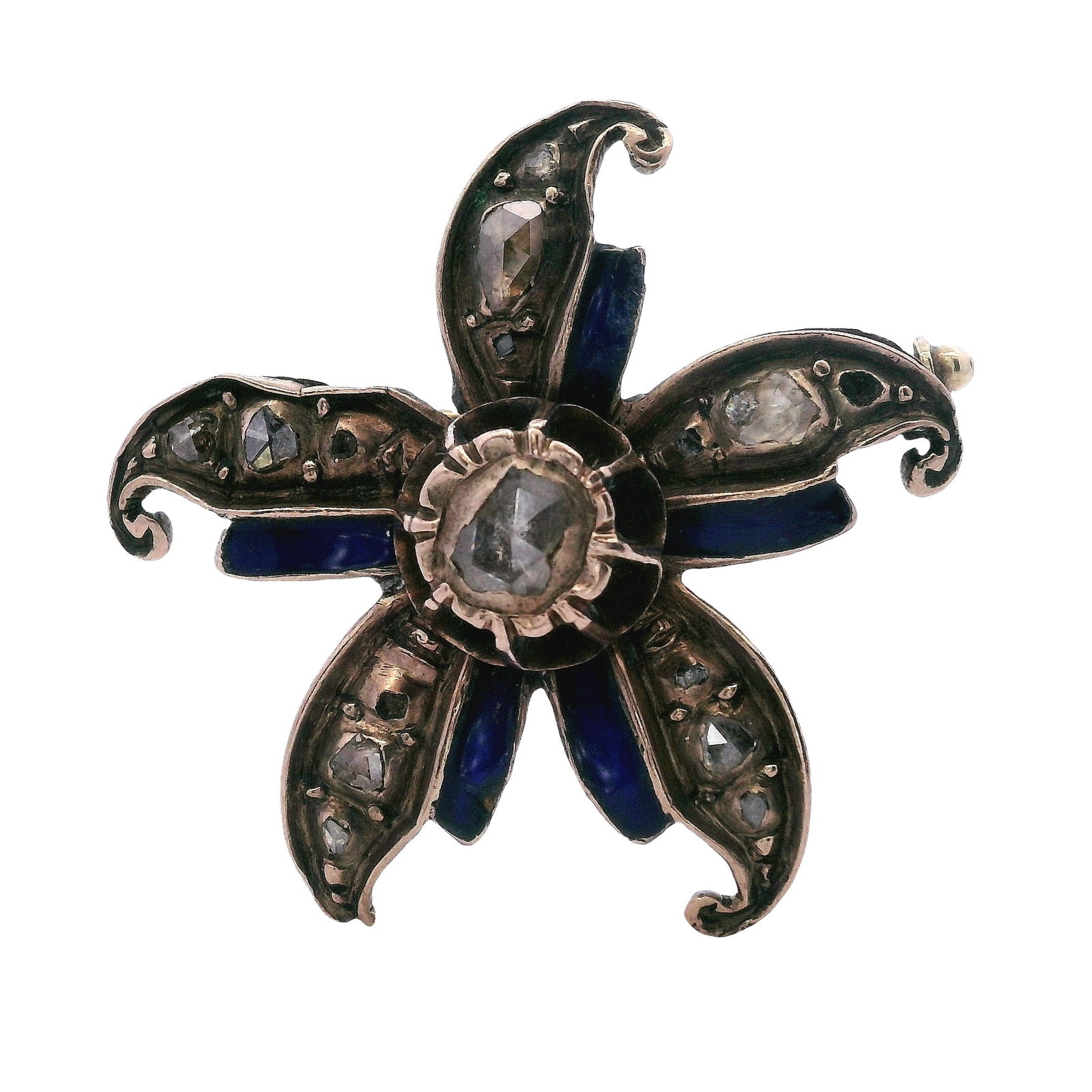 Antique Silver Pin Brooch with Enamel & Diamonds: Antique Flower Pin Brooch crafted from Silver, with applications of blue Enamel. Embellished with Rose cut Diamonds. Diameter: 1.0 inches. Total weight: 5.8 grams.